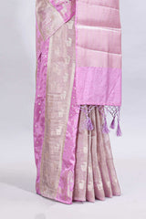 Borderless pastel lavender striped animal zari motifs design mushru silk saree with self pallu and matching blouse
