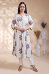 White floral printed A-line maternity wear with 3/4 sleeves and keyhole neck