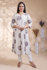 White floral printed A-line maternity wear with 3/4 sleeves and keyhole neck