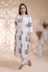 White floral printed A-line maternity wear with 3/4 sleeves and keyhole neck