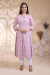 Plum lavender abstract printed A-line maternity wear with 3/4 sleeves and keyhole neck
