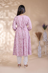Plum lavender abstract printed A-line maternity wear with 3/4 sleeves and keyhole neck