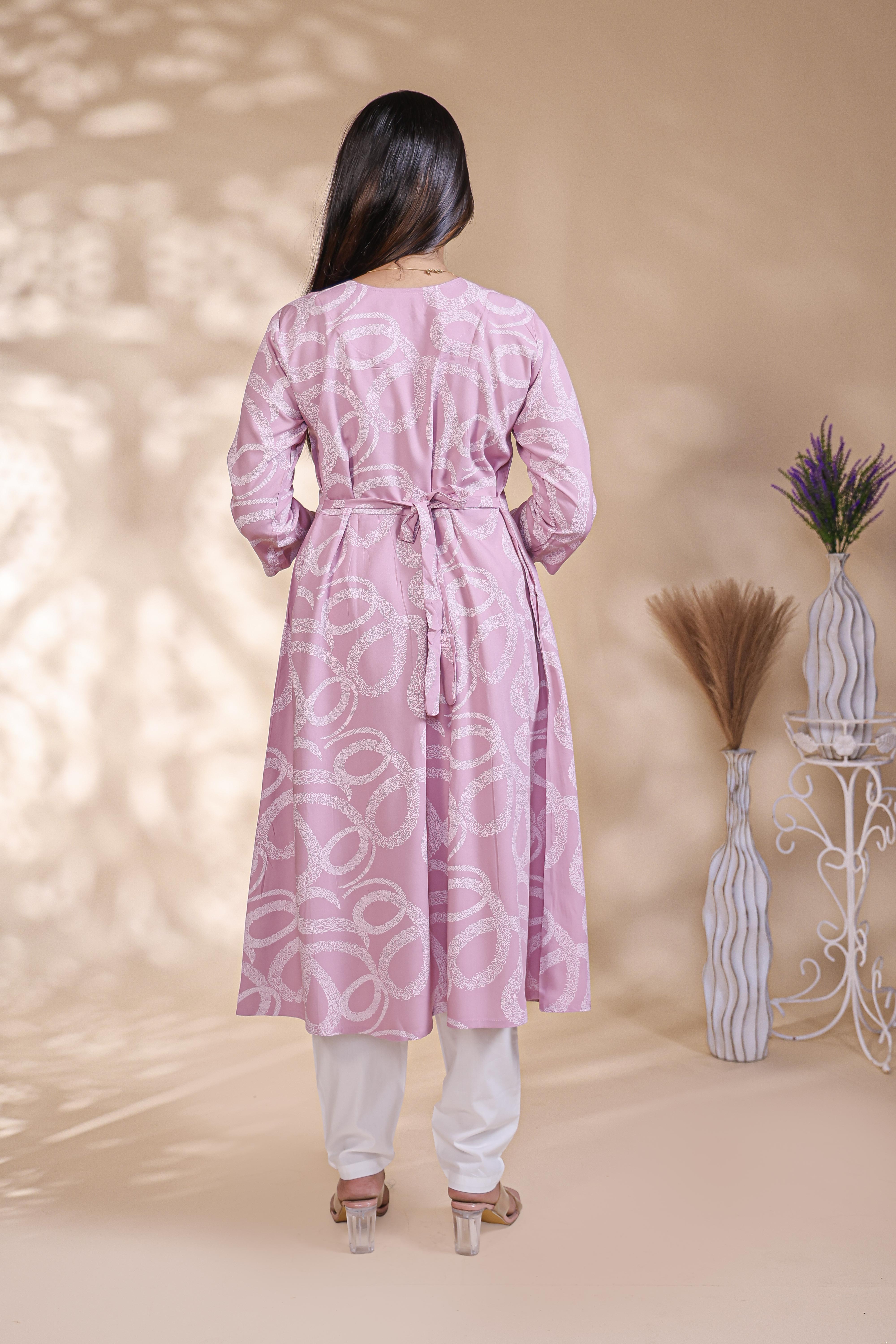 Plum lavender abstract printed A-line maternity wear with 3/4 sleeves and keyhole neck