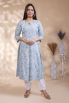 Baby blue abstract printed A-line maternity wear with 3/4 sleeves and keyhole neck