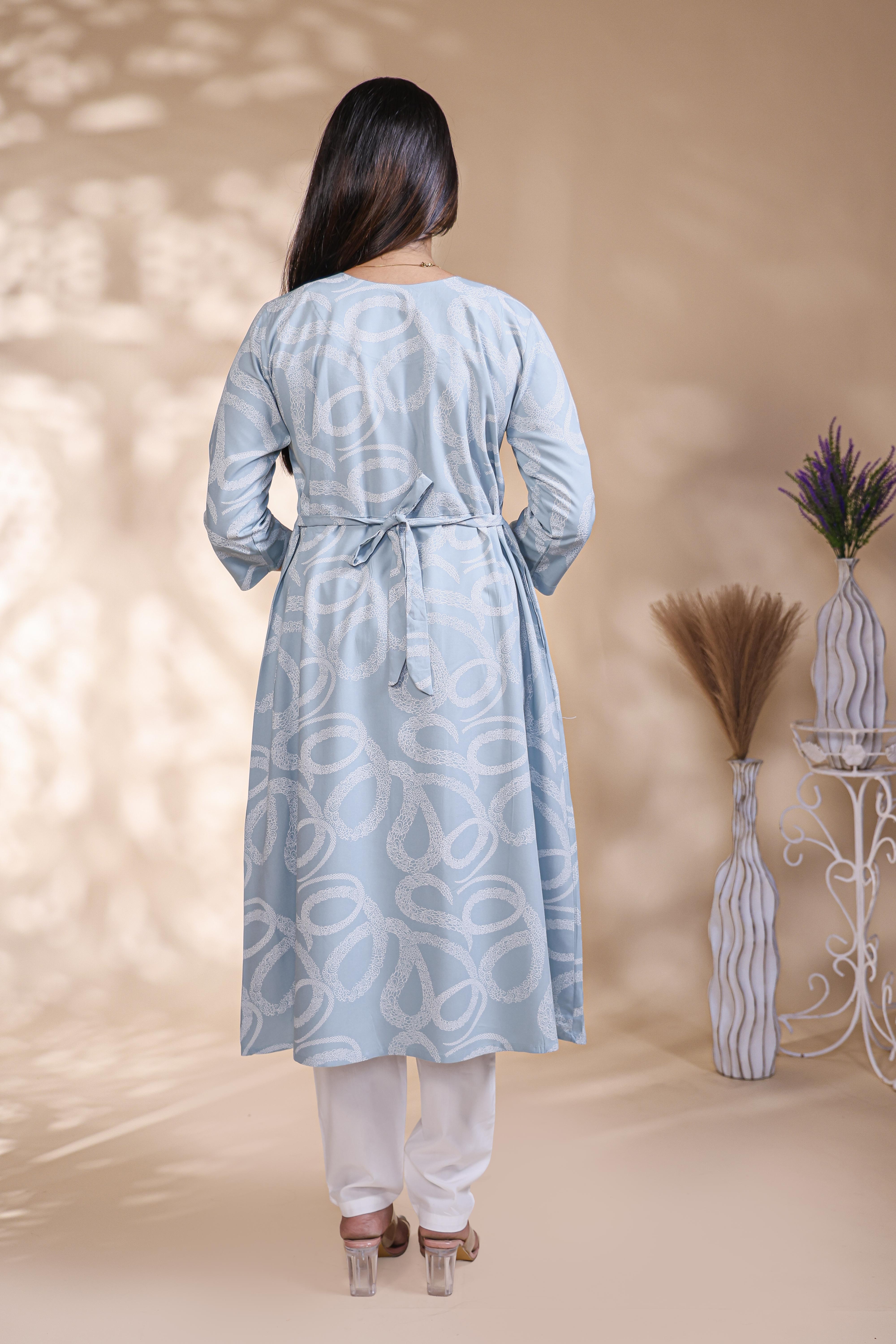 Baby blue abstract printed A-line maternity wear with 3/4 sleeves and keyhole neck