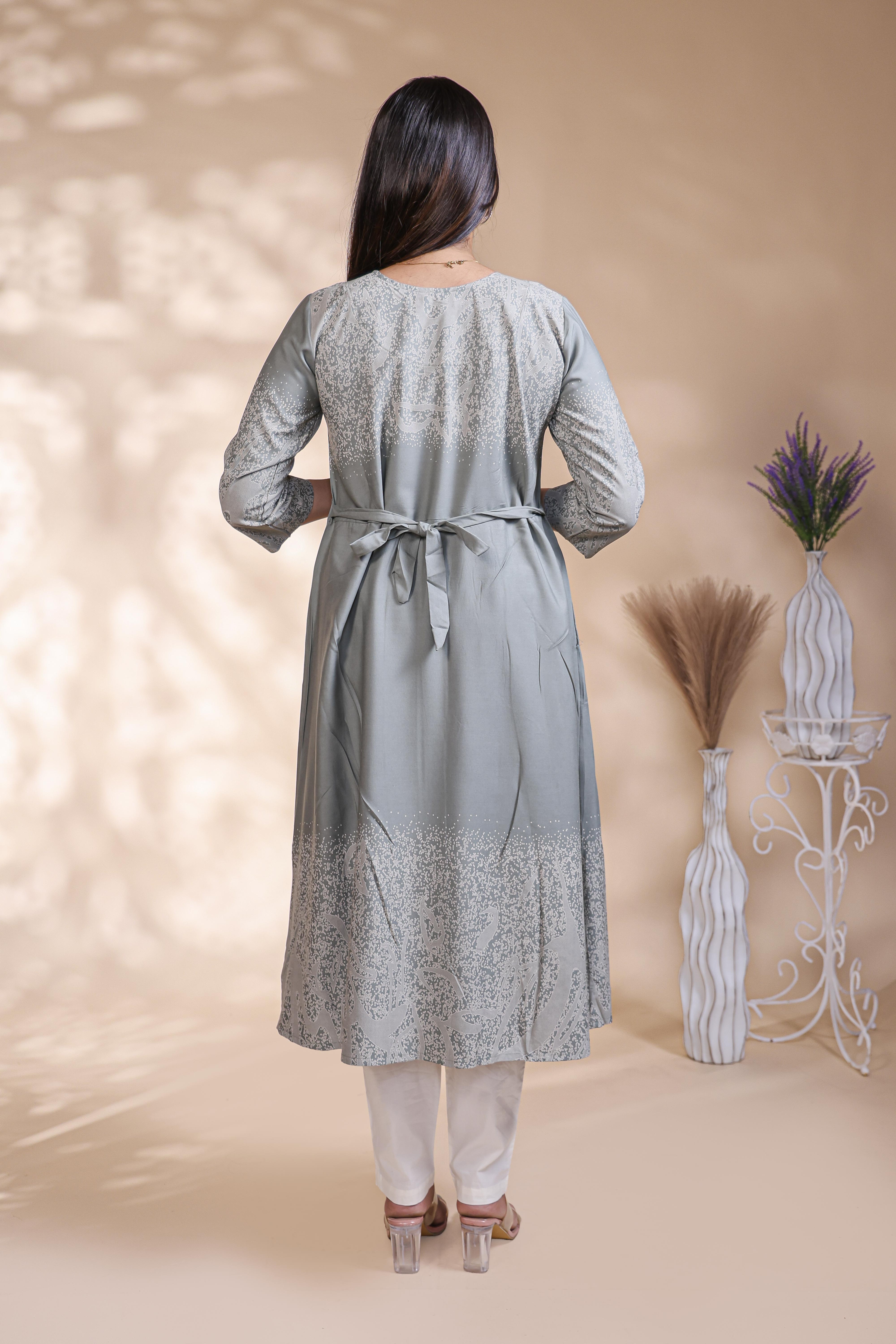 Grey printed A-line maternity wear with 3/4 sleeves and keyhole neck