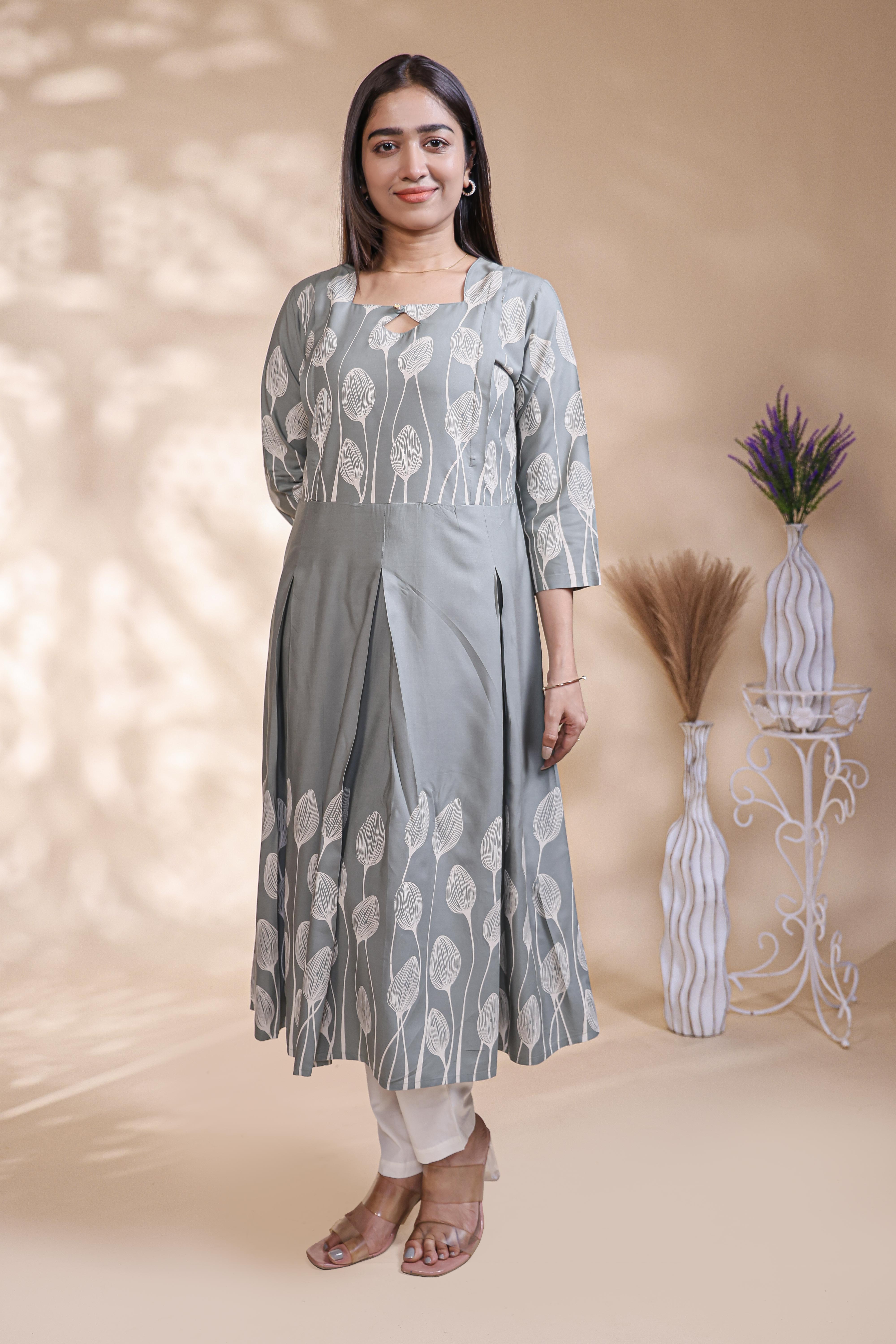 Grey floral printed A-line maternity wear with 3/4 sleeves and keyhole neck