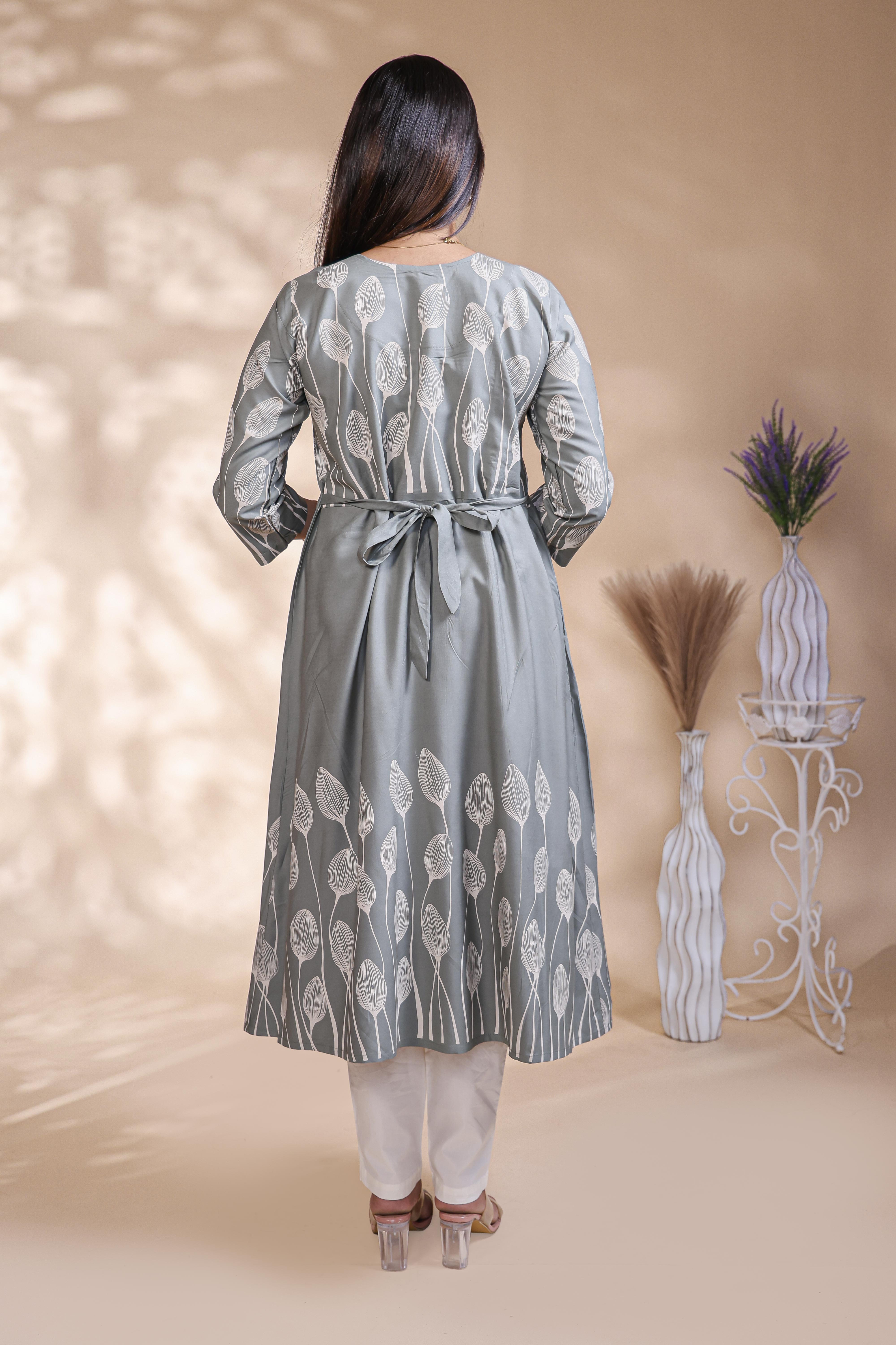 Grey floral printed A-line maternity wear with 3/4 sleeves and keyhole neck