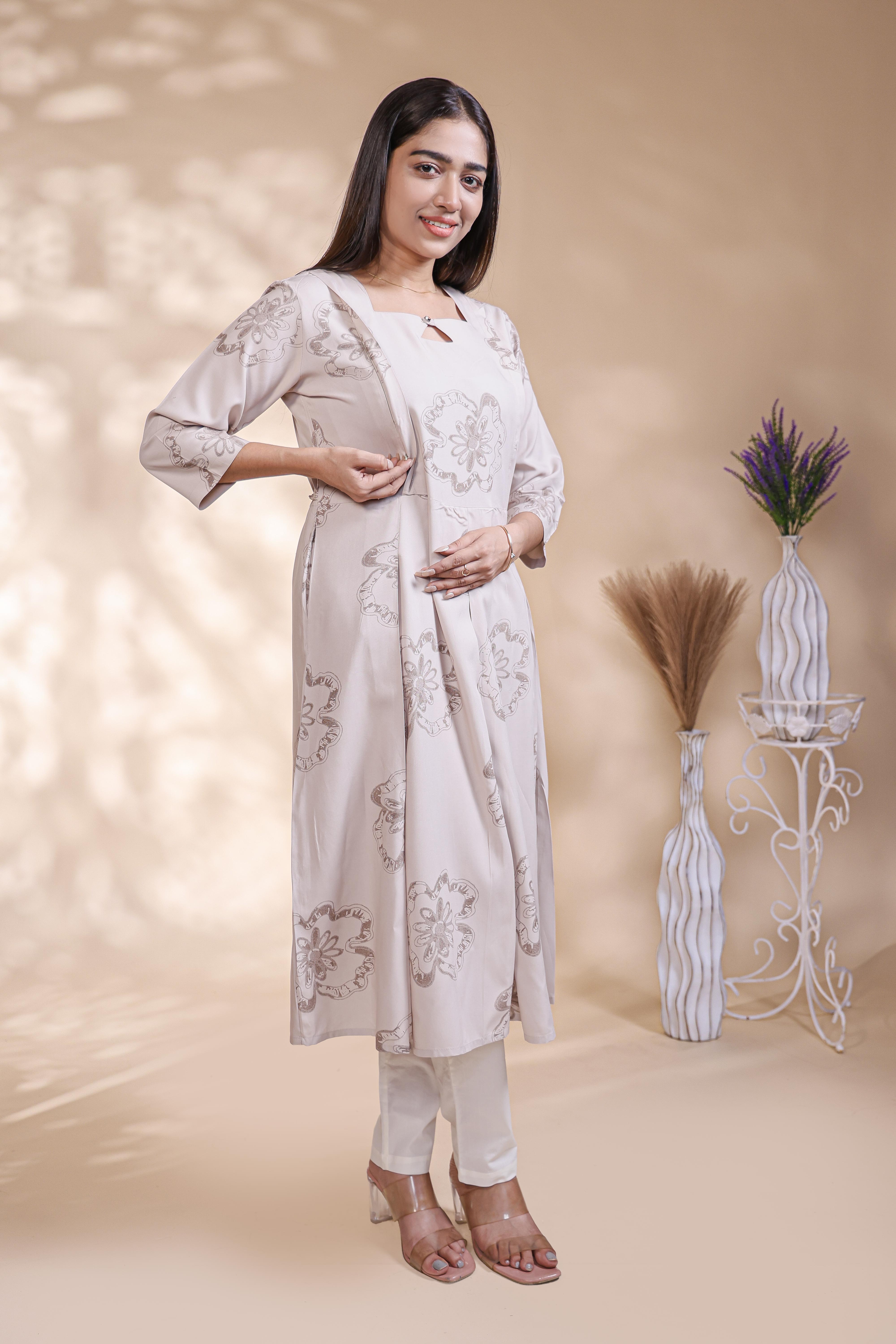Beige floral printed A-line maternity wear with 3/4 sleeves and keyhole neck