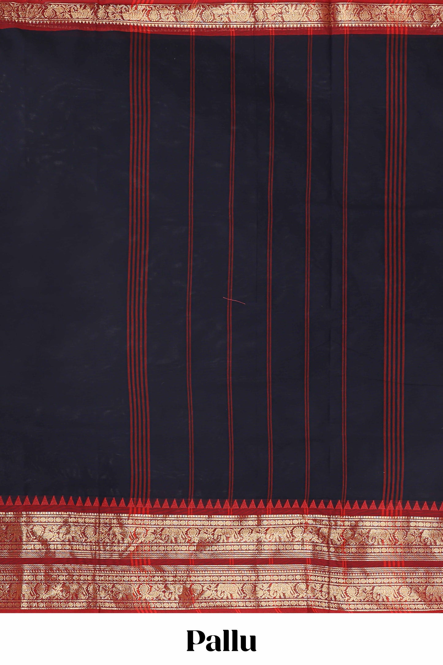 Dark blue plain narayanapet cotton saree with contrast zari border and stripe pallu