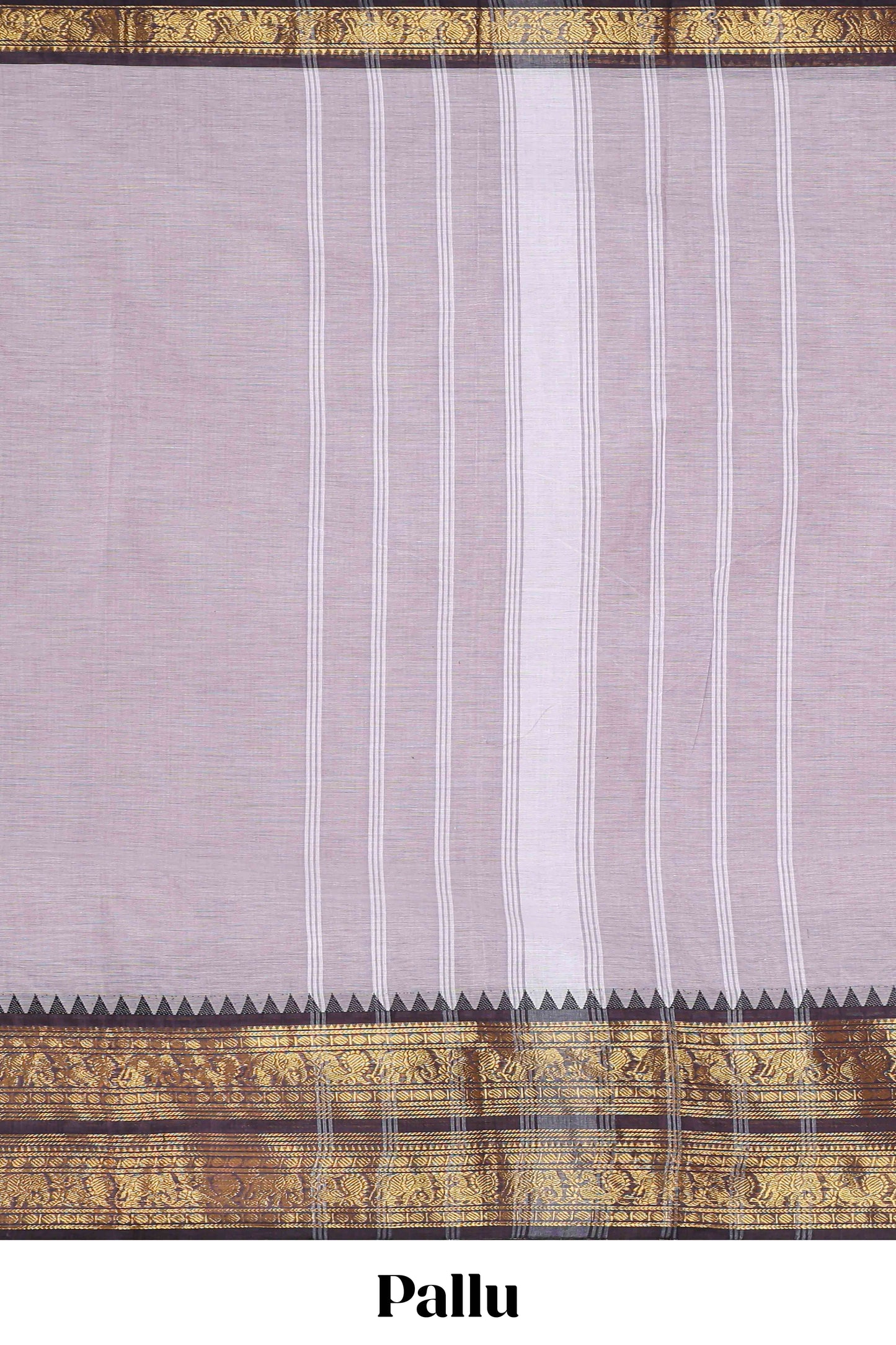 Grey plain narayanapet cotton saree with contrast zari border and stripe pallu