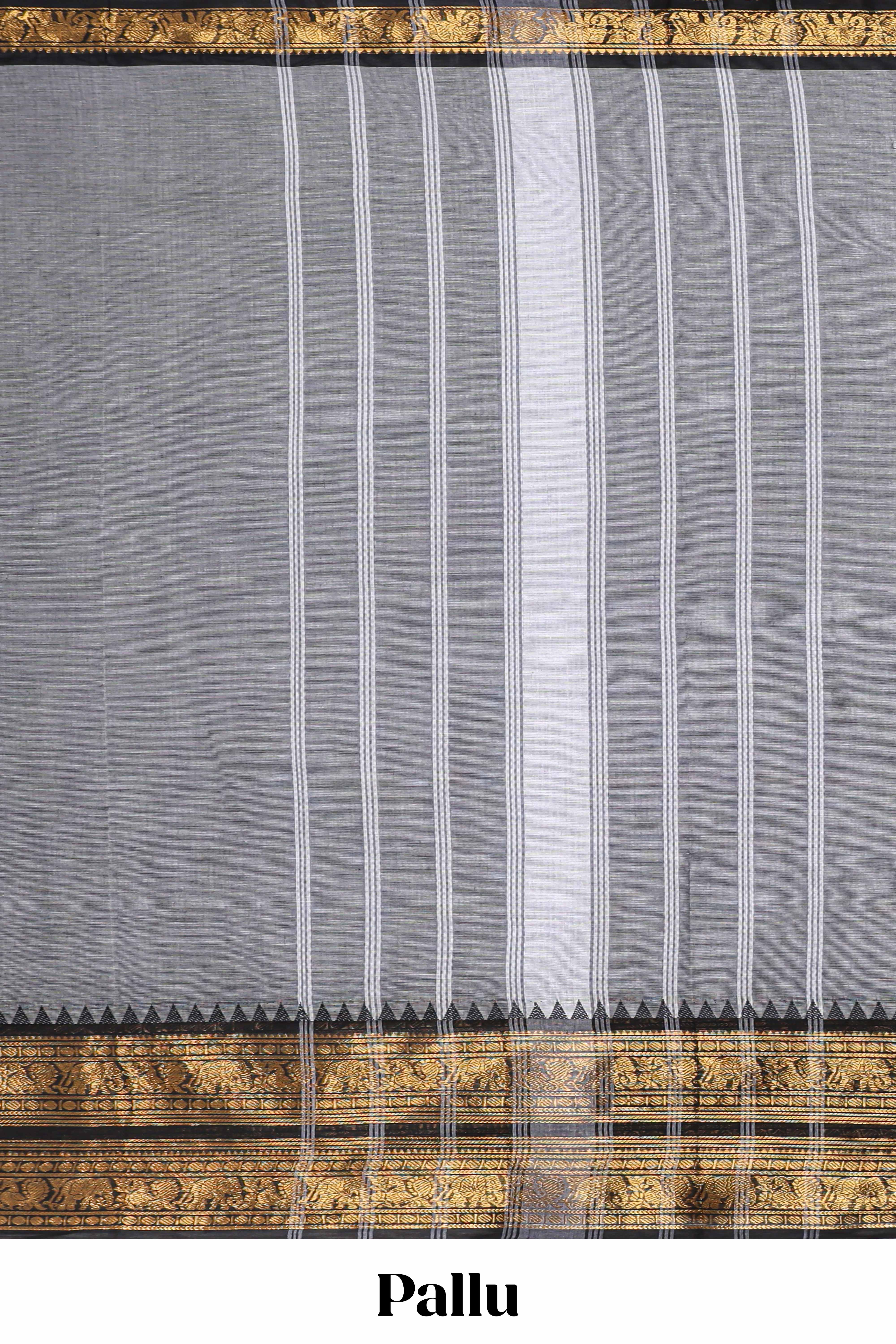 Grey plain narayanapet cotton saree with contrast zari bendex border and stripe pallu