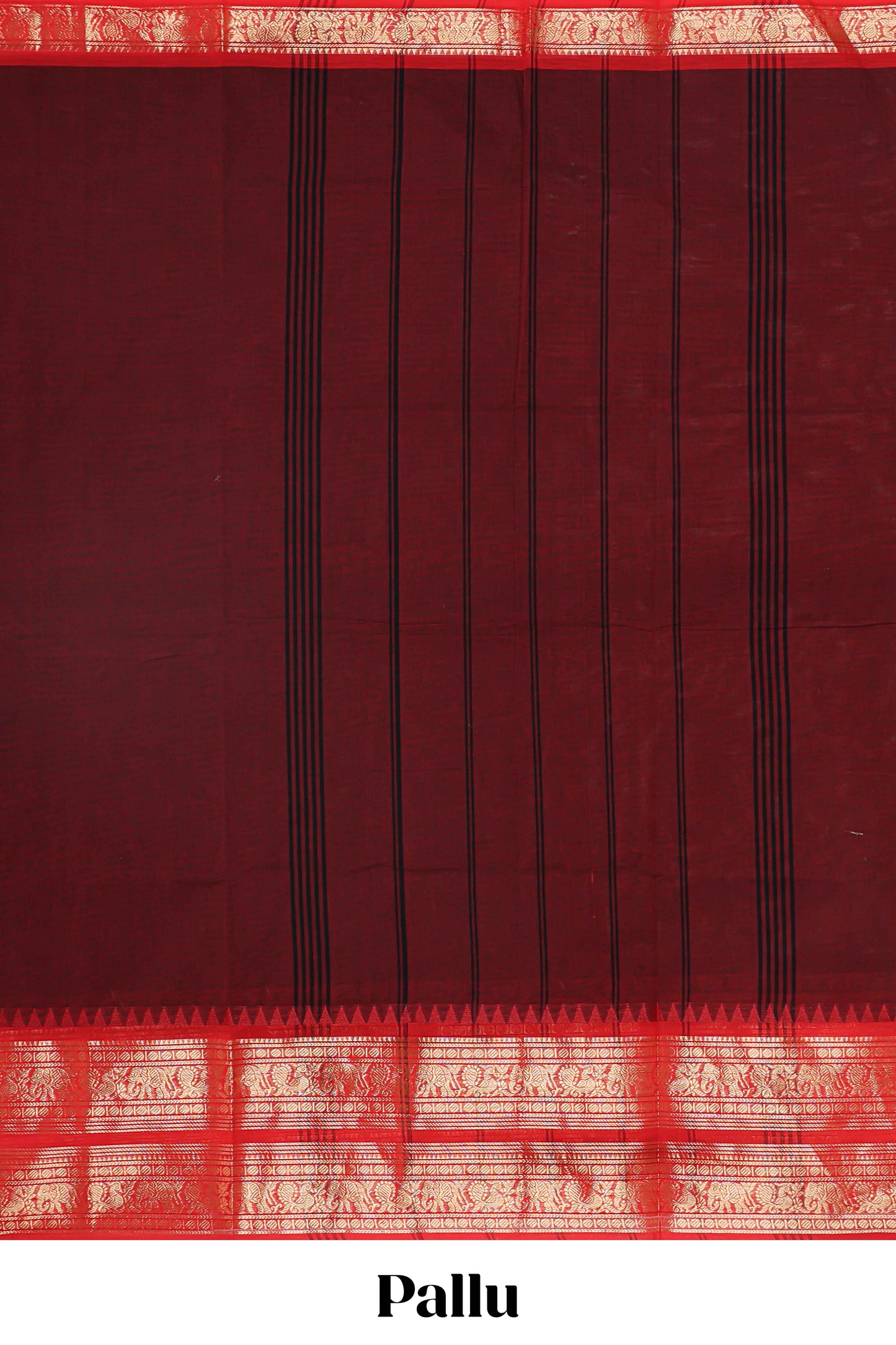 Maroon plain narayanapet cotton saree with contrast zari bendex border and stripe pallu