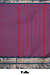 Purple plain narayanapet cotton saree with contrast zari bendex border and stripe pallu