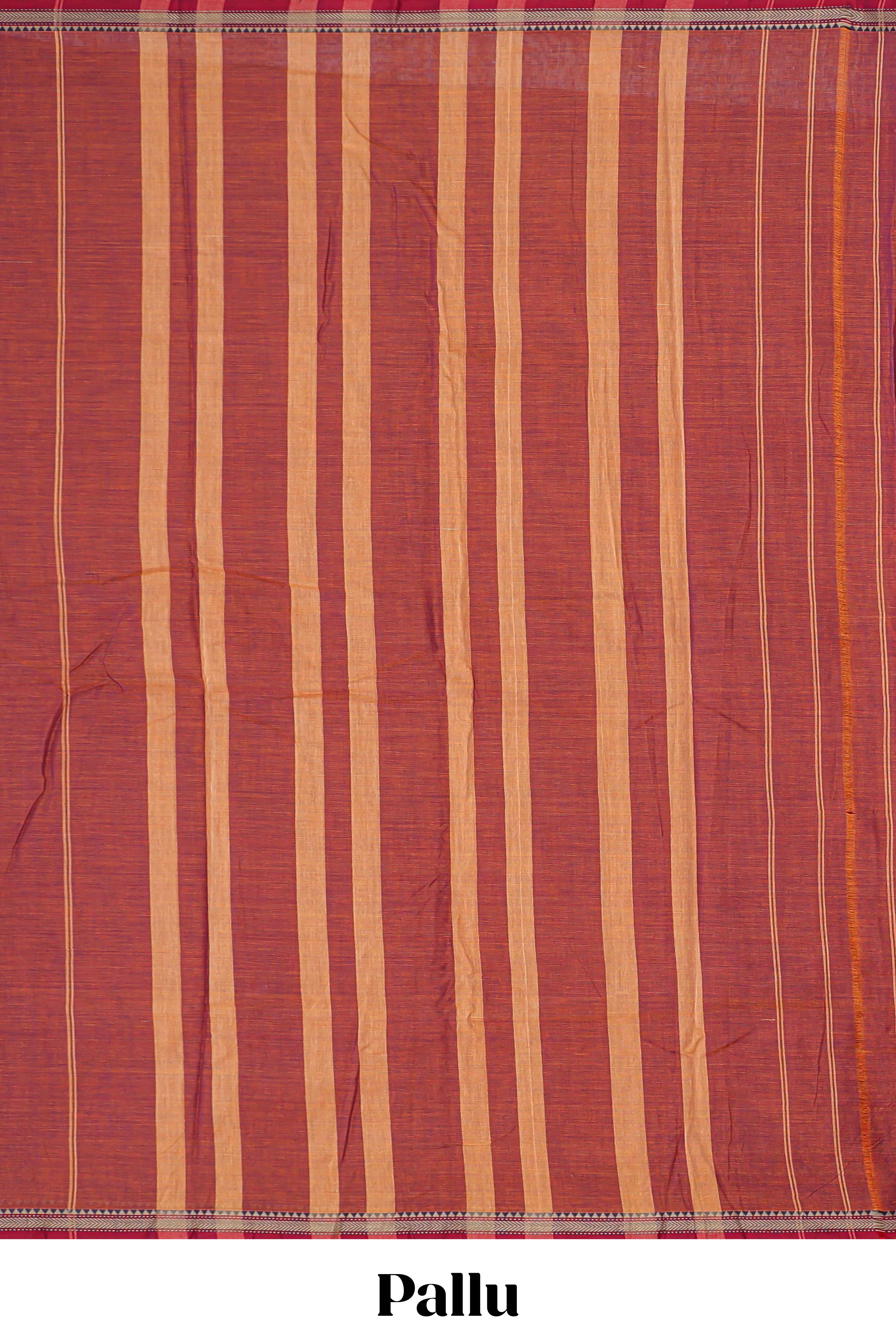 Rust red plain narayanapet cotton saree with contrast temple border and stripe pallu