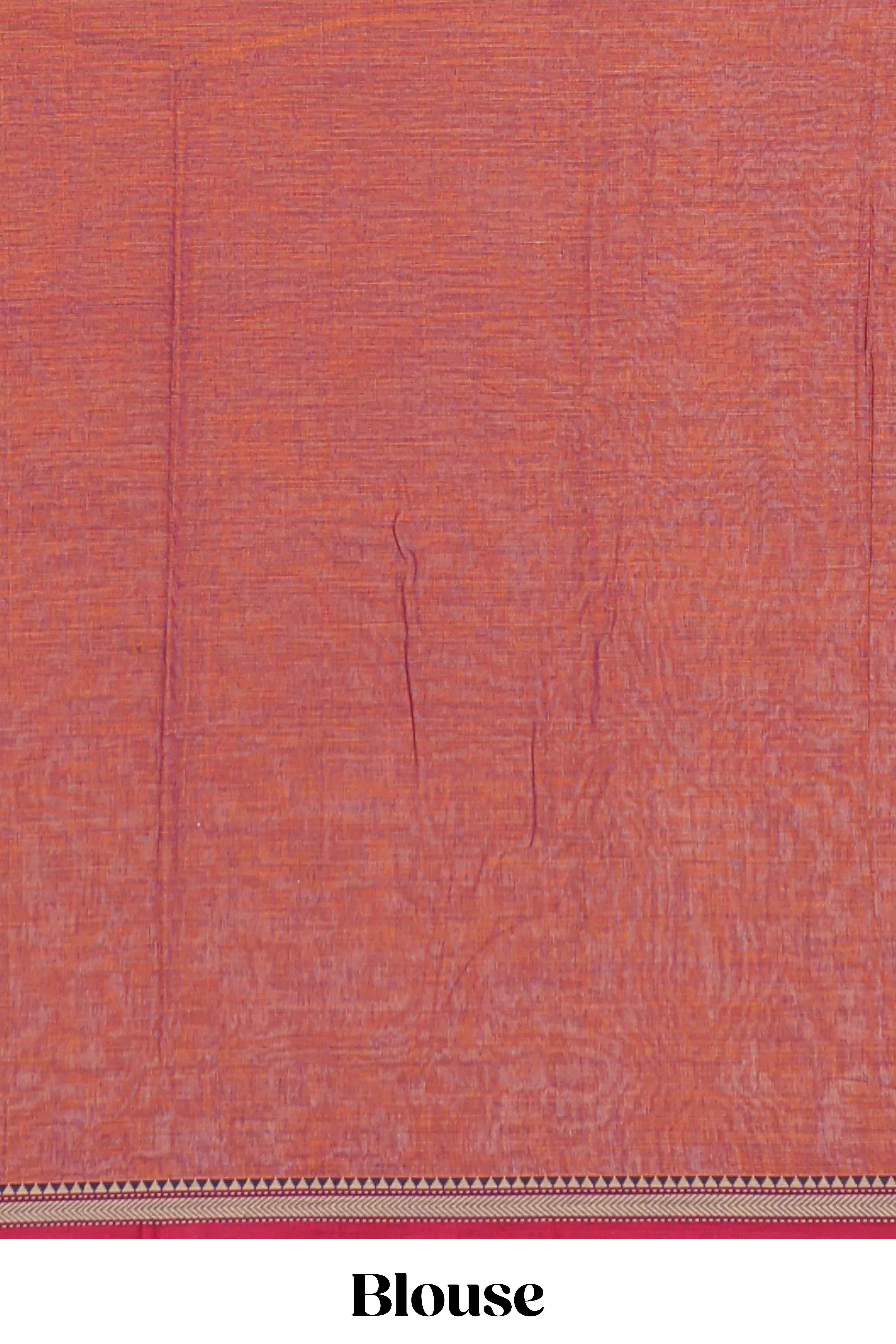 Rust red plain narayanapet cotton saree with contrast temple border and stripe pallu
