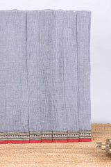 Light grey plain narayanapet cotton saree with contrast temple border and stripe pallu
