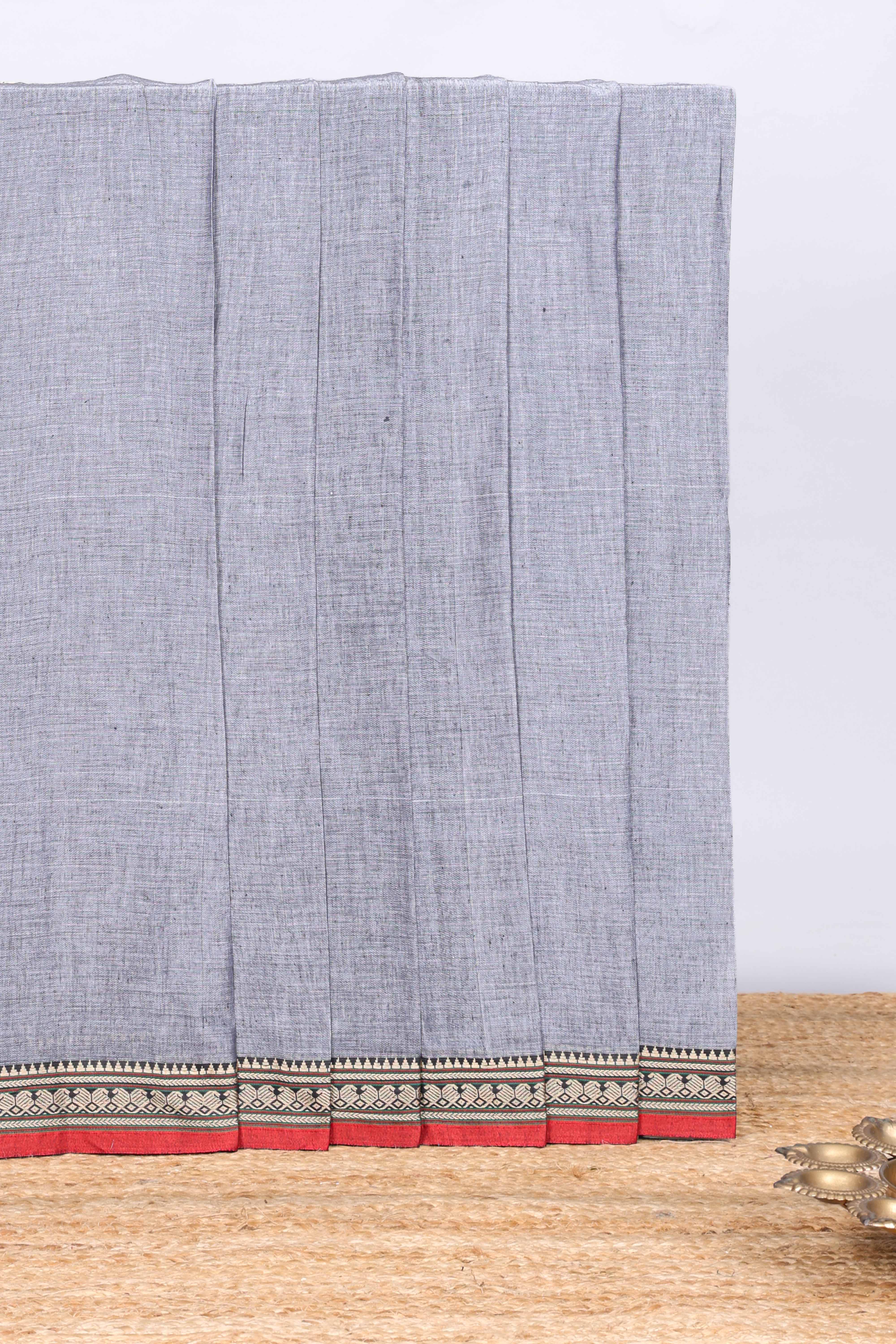 Light grey plain narayanapet cotton saree with contrast temple border and stripe pallu