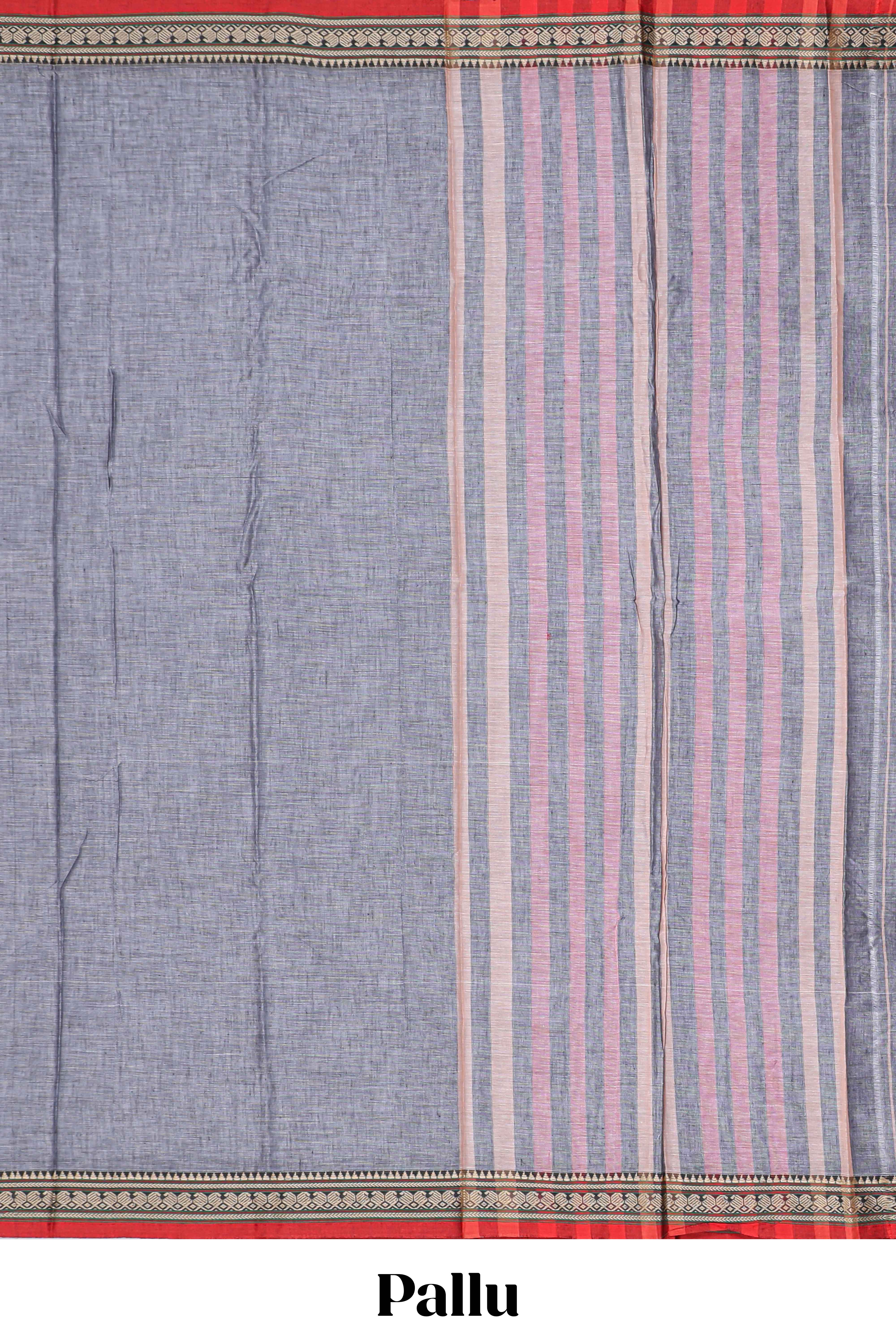 Light grey plain narayanapet cotton saree with contrast temple border and stripe pallu