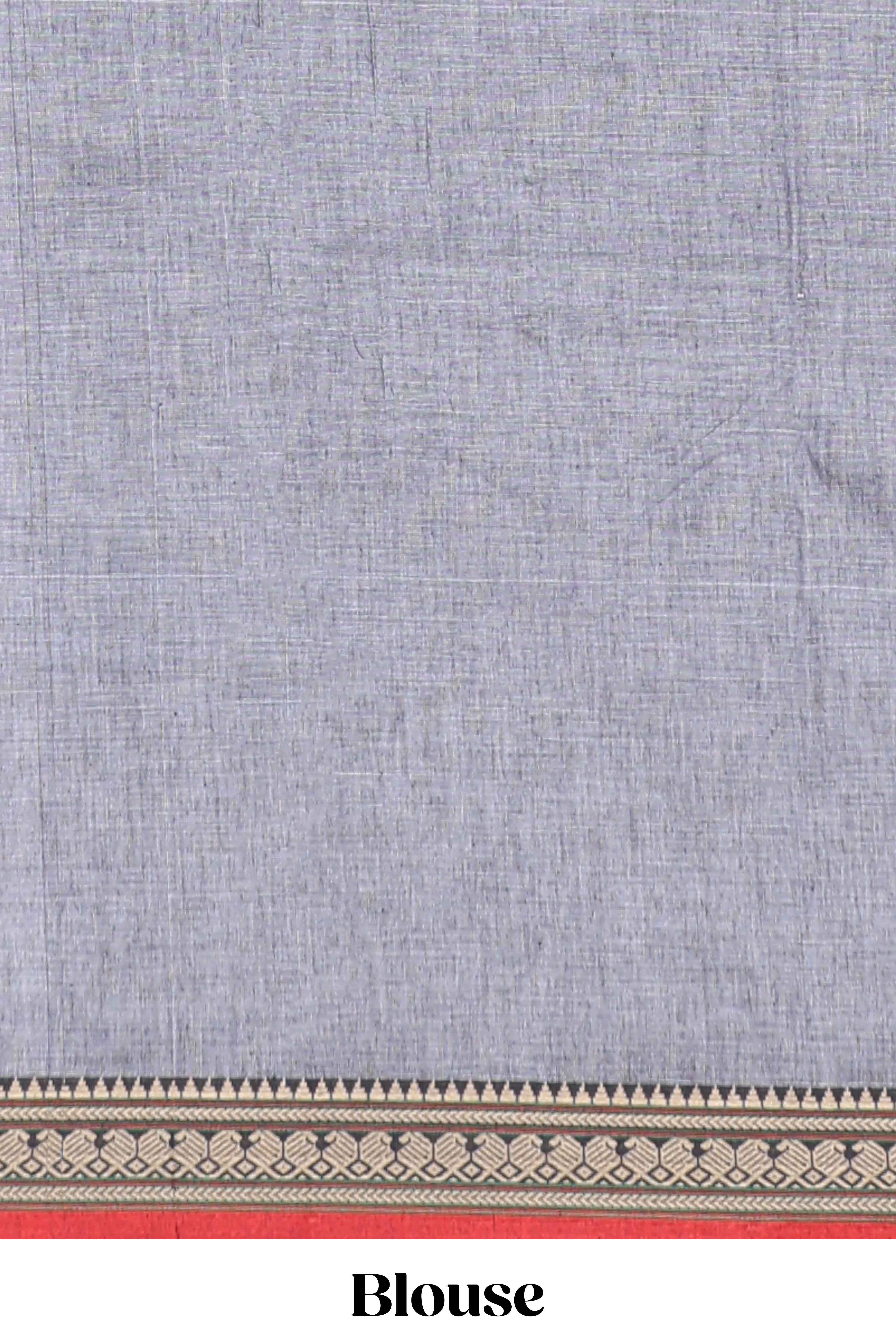 Light grey plain narayanapet cotton saree with contrast temple border and stripe pallu