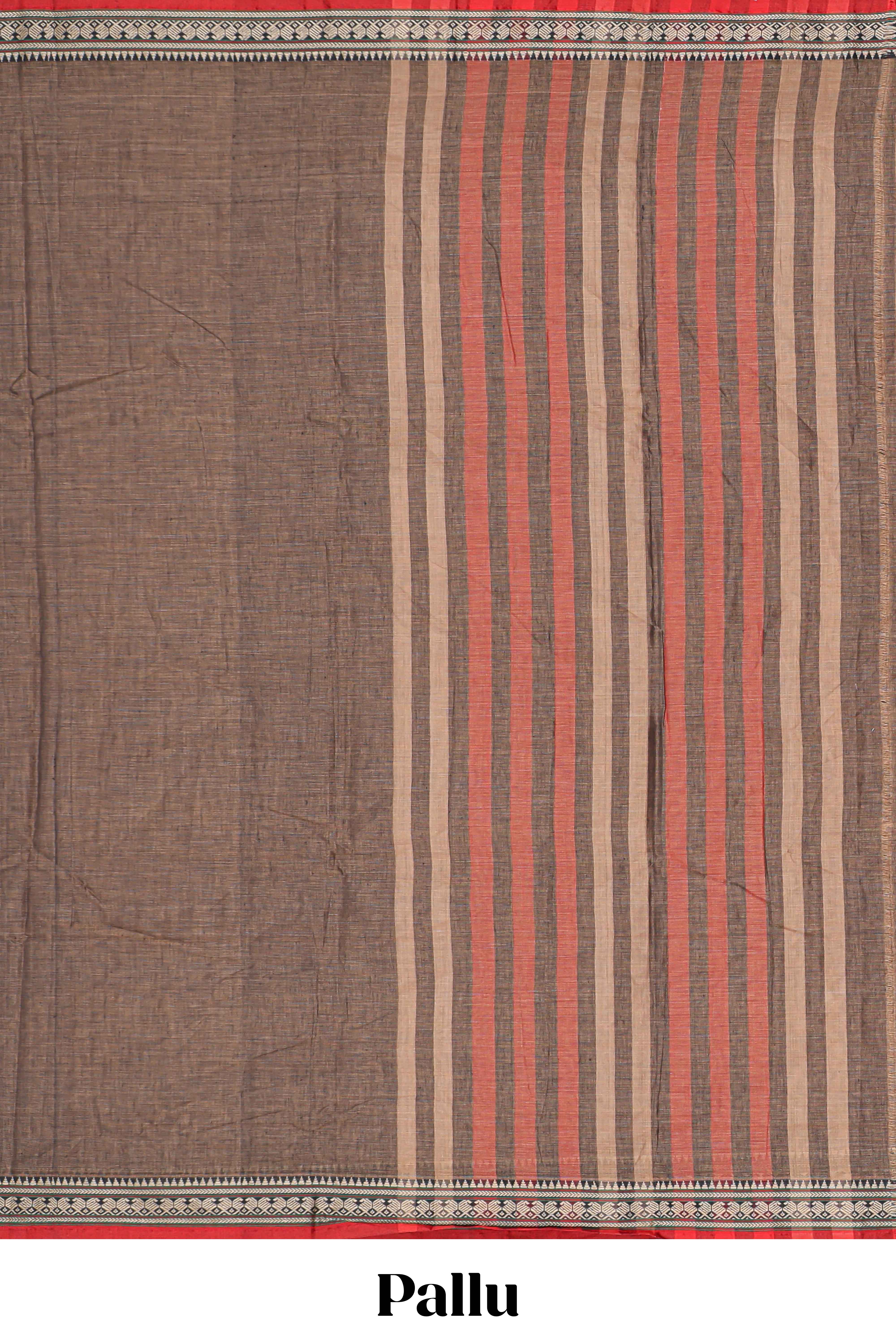 Brown plain narayanapet cotton saree with contrast temple border and stripe pallu