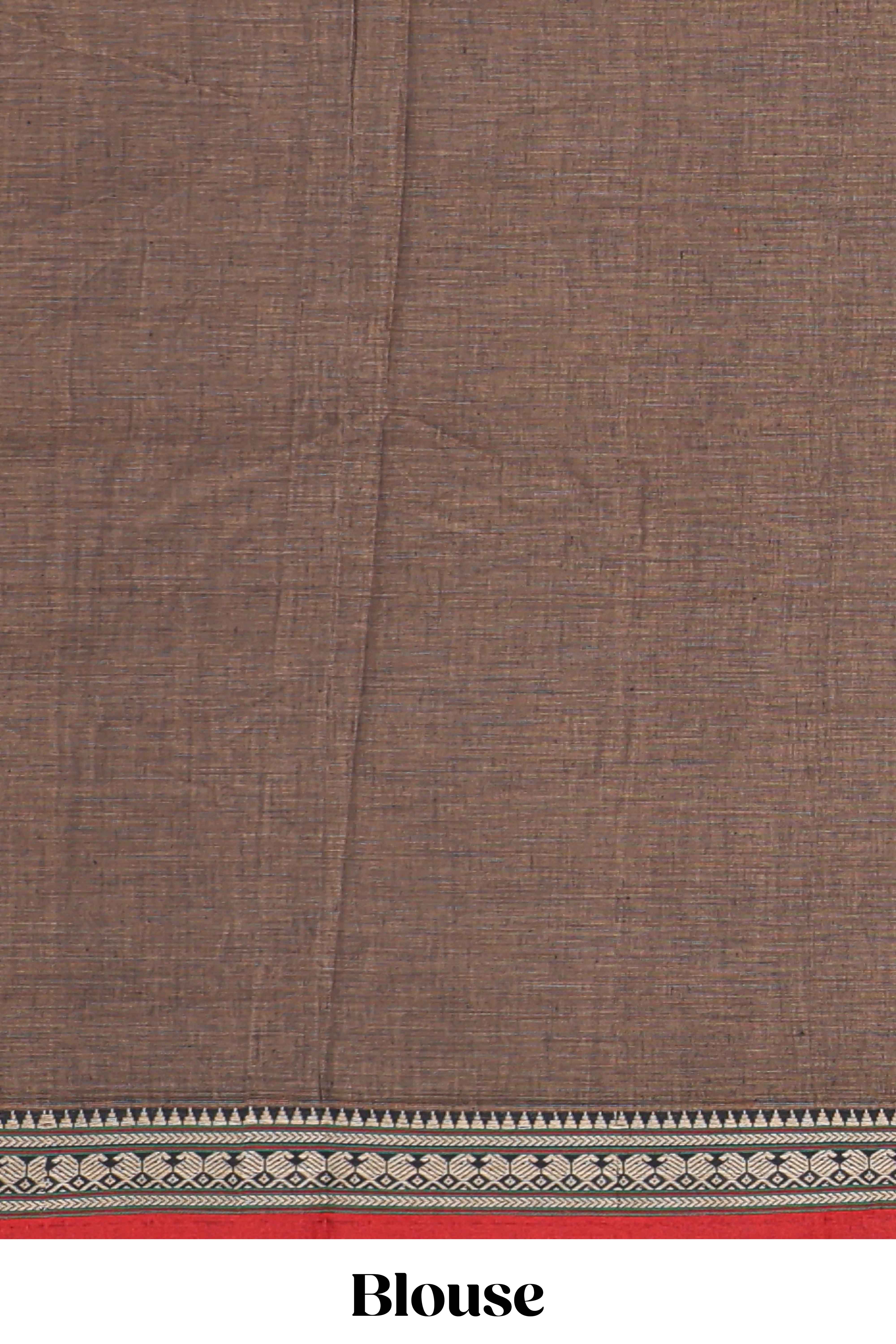 Brown plain narayanapet cotton saree with contrast temple border and stripe pallu
