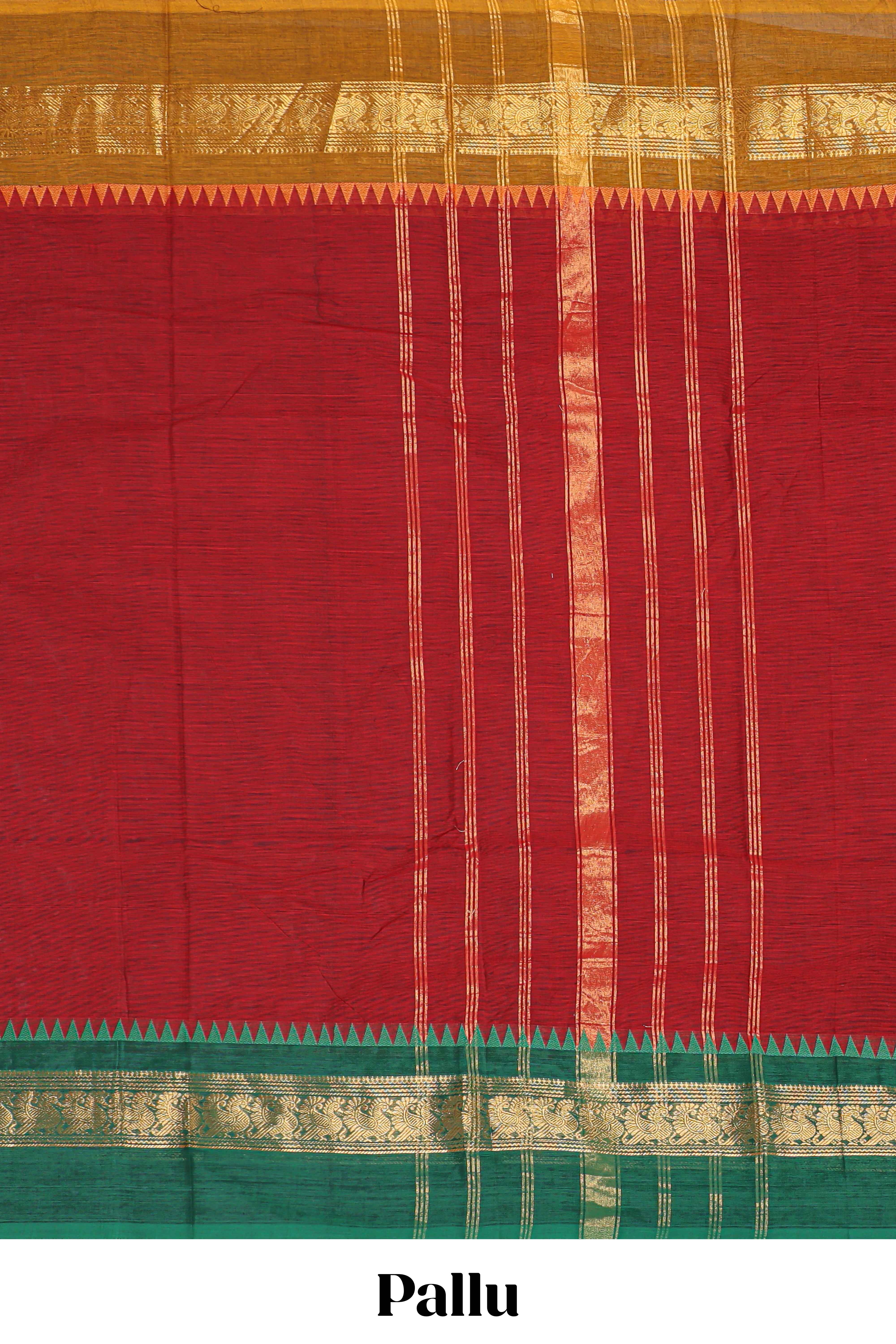 Red plain narayanapet cotton saree with contrast border and stripe pallu
