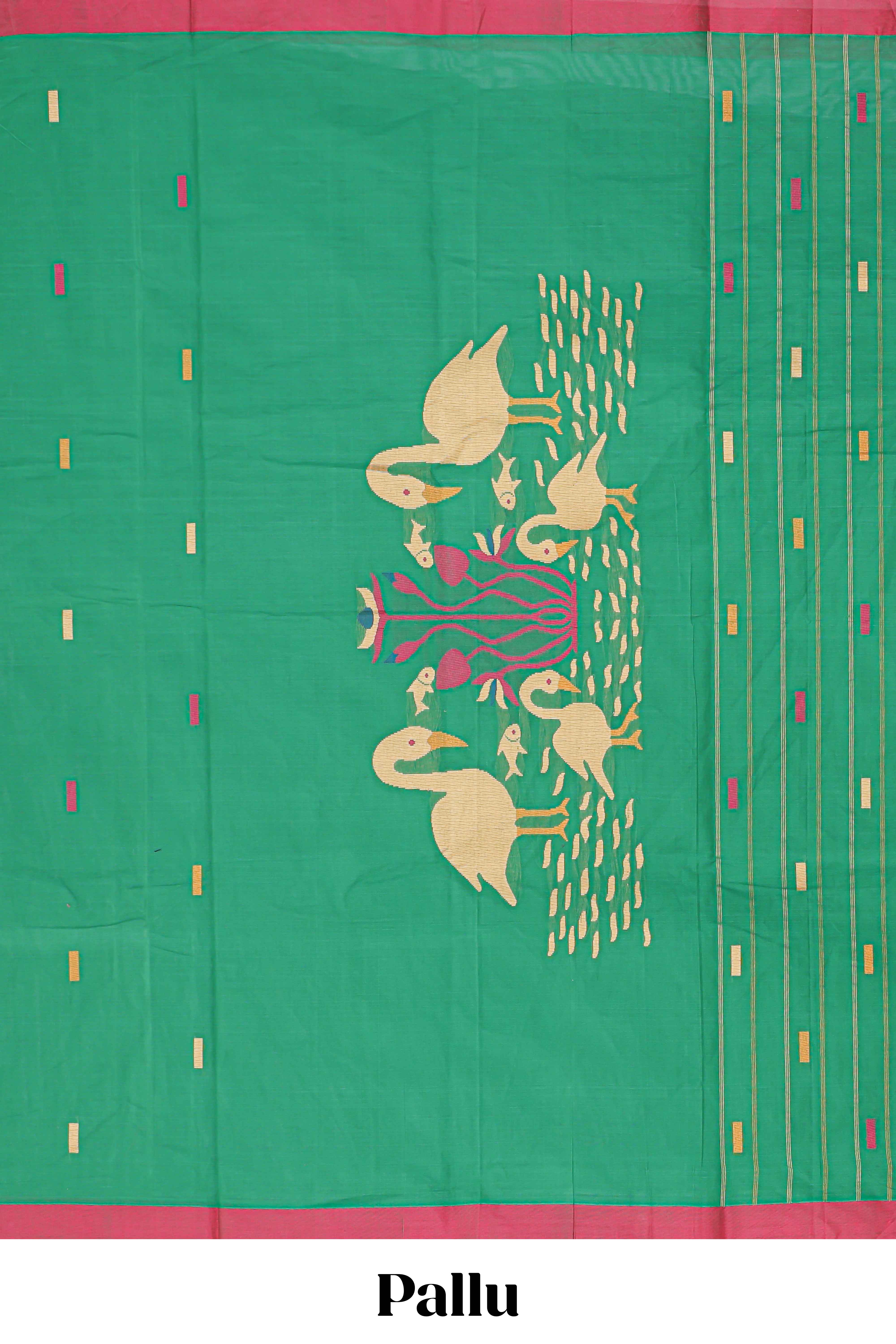 Green geometric butta narayanapet cotton saree with contrast border and crane birds & lotus design pallu