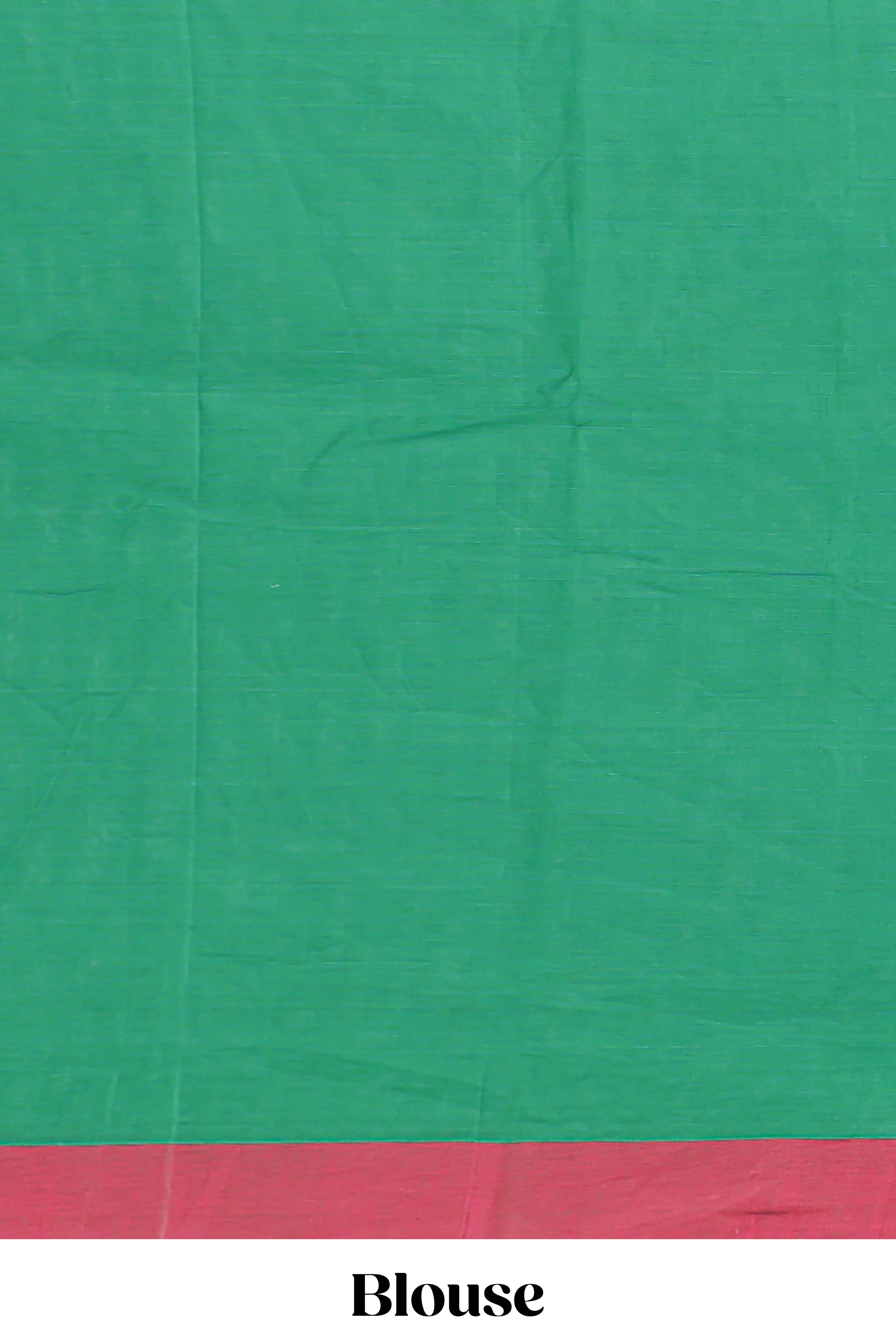 Green geometric butta narayanapet cotton saree with contrast border and crane birds & lotus design pallu