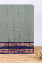 Grey plain narayanapet cotton saree with contrast bentex border and striped pallu