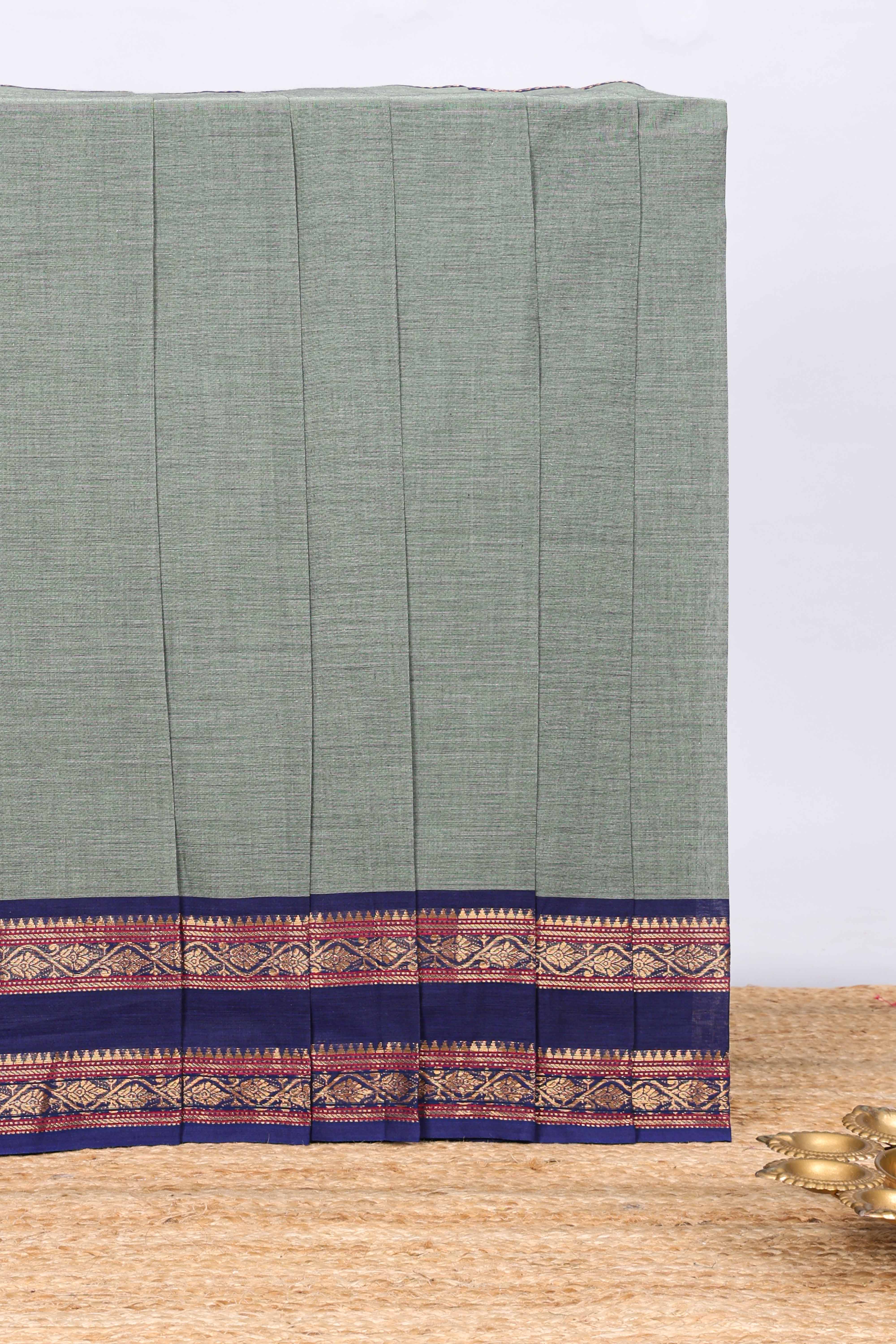 Grey plain narayanapet cotton saree with contrast bentex border and striped pallu