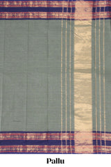 Grey plain narayanapet cotton saree with contrast bentex border and striped pallu