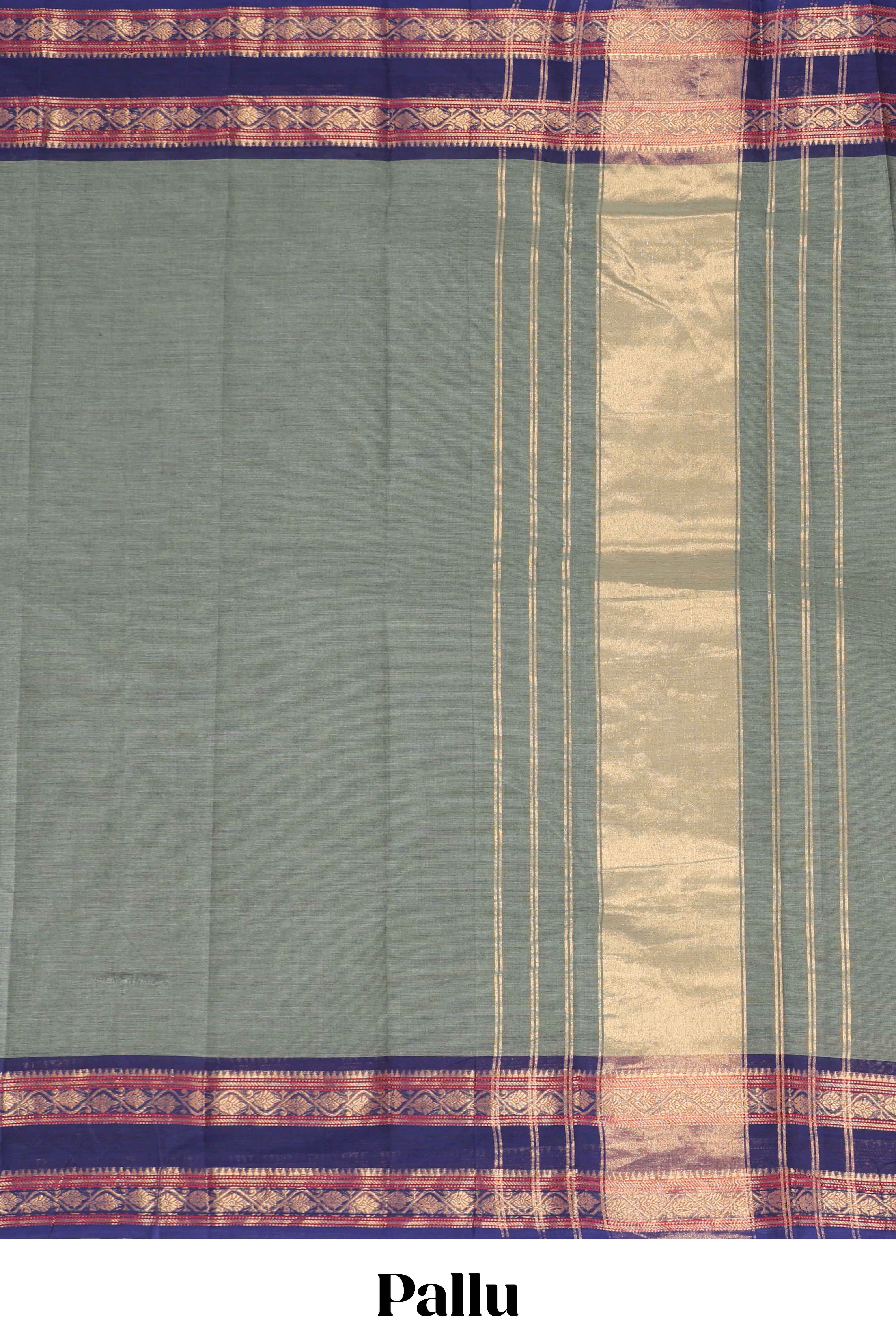 Grey plain narayanapet cotton saree with contrast bentex border and striped pallu