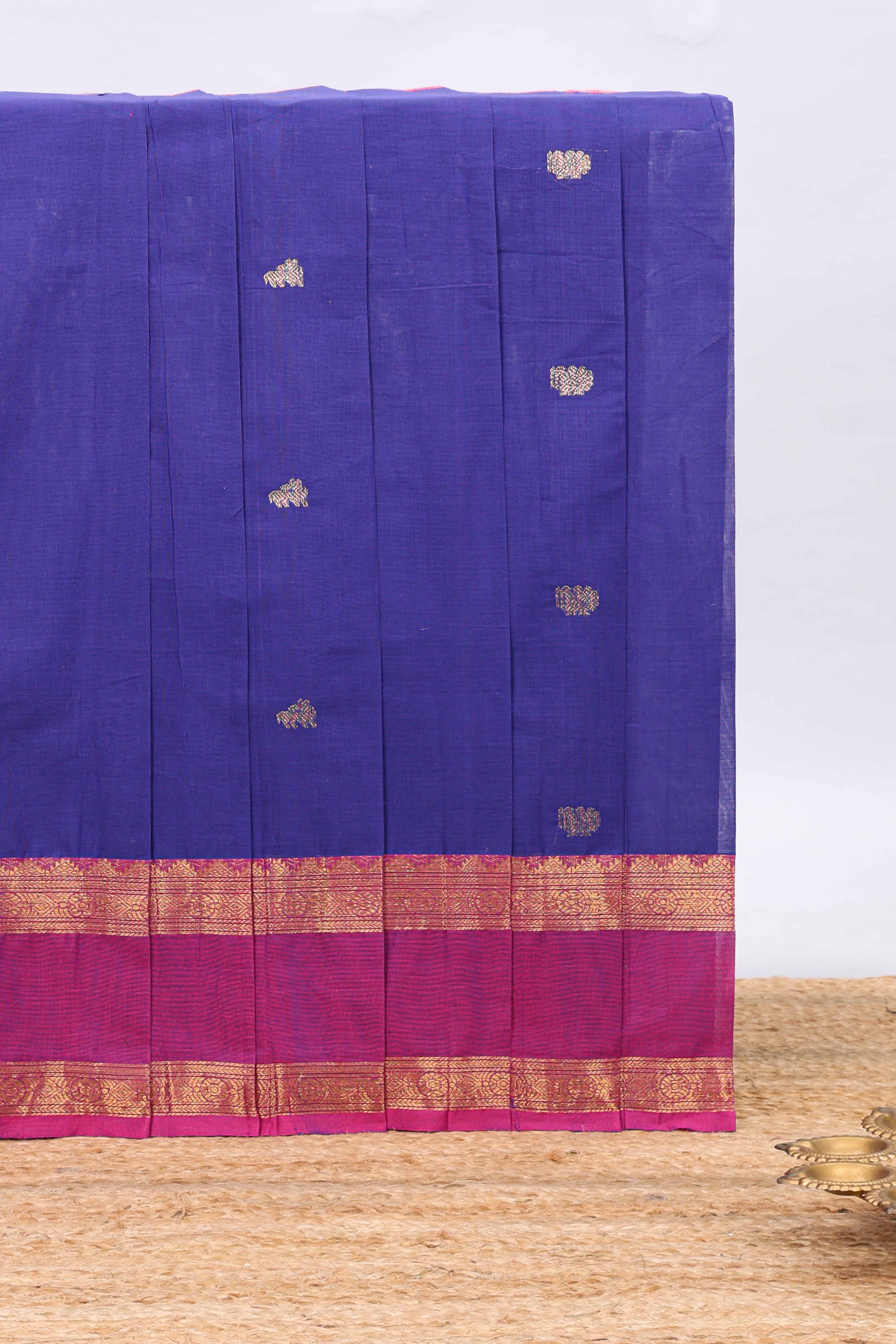 Indigo purple zari butta narayanapet cotton saree with contrast bentex border and matching blouse