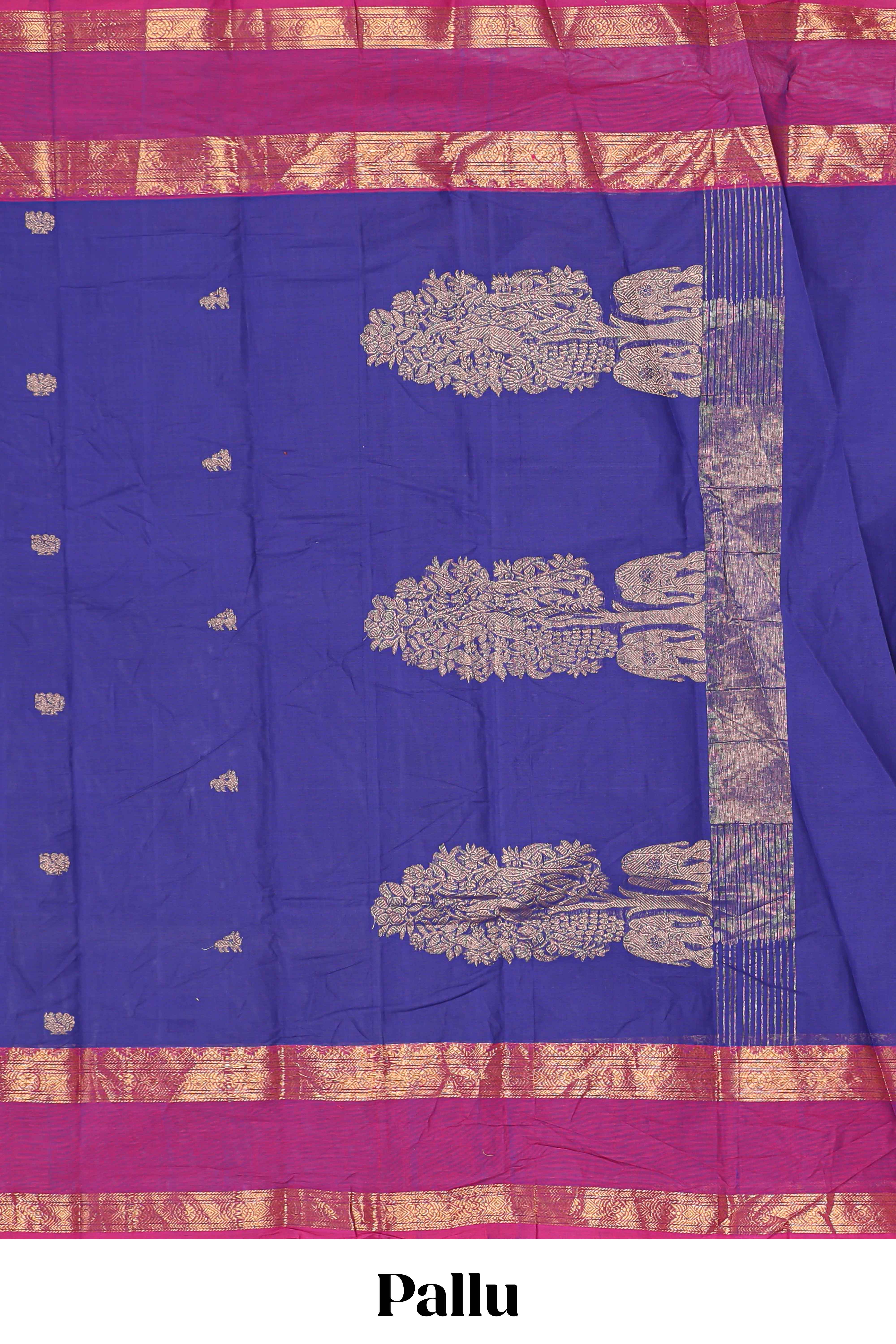Indigo purple zari butta narayanapet cotton saree with contrast bentex border and matching blouse