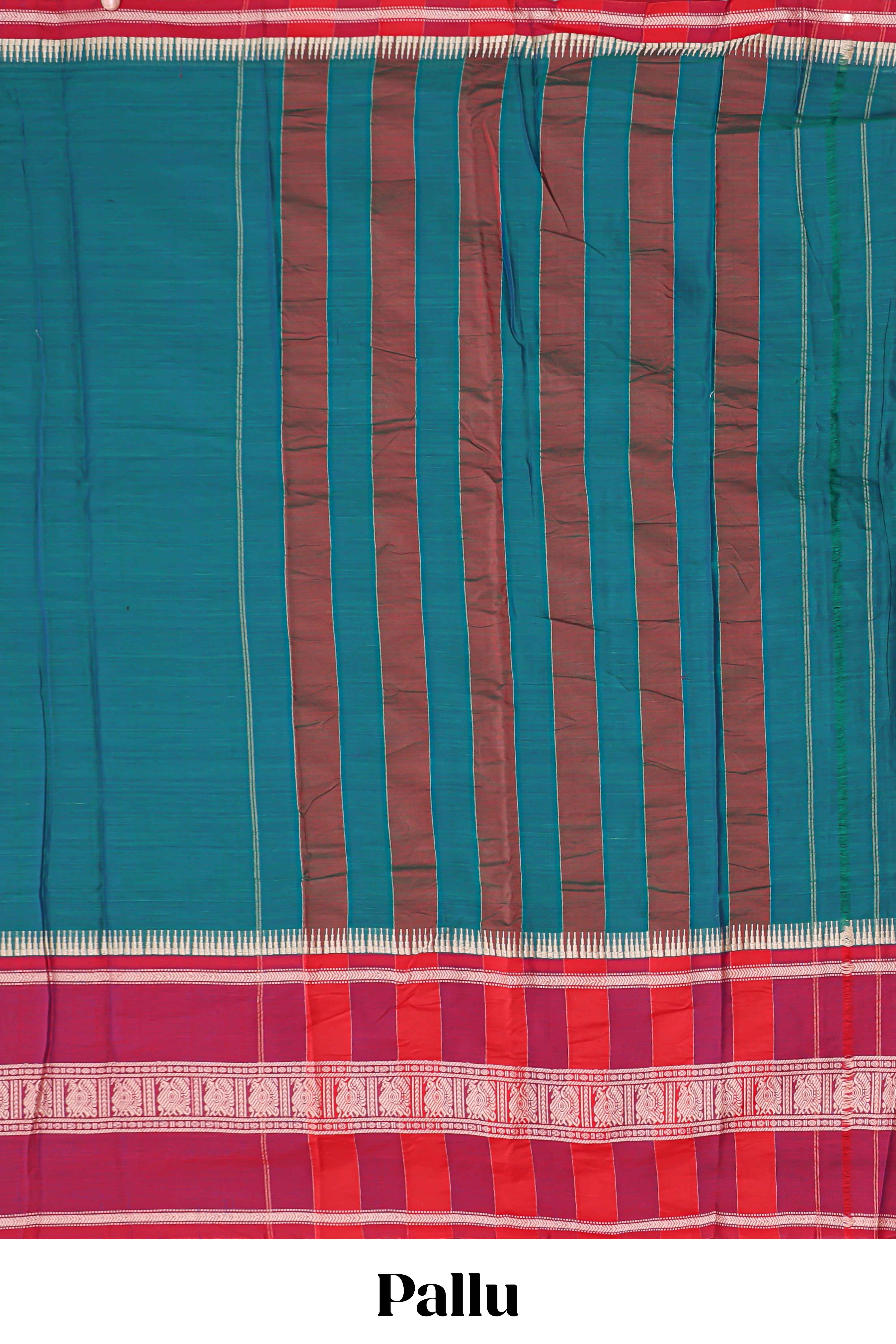 Green plain narayanapet cotton saree with contrast border and matching blouse