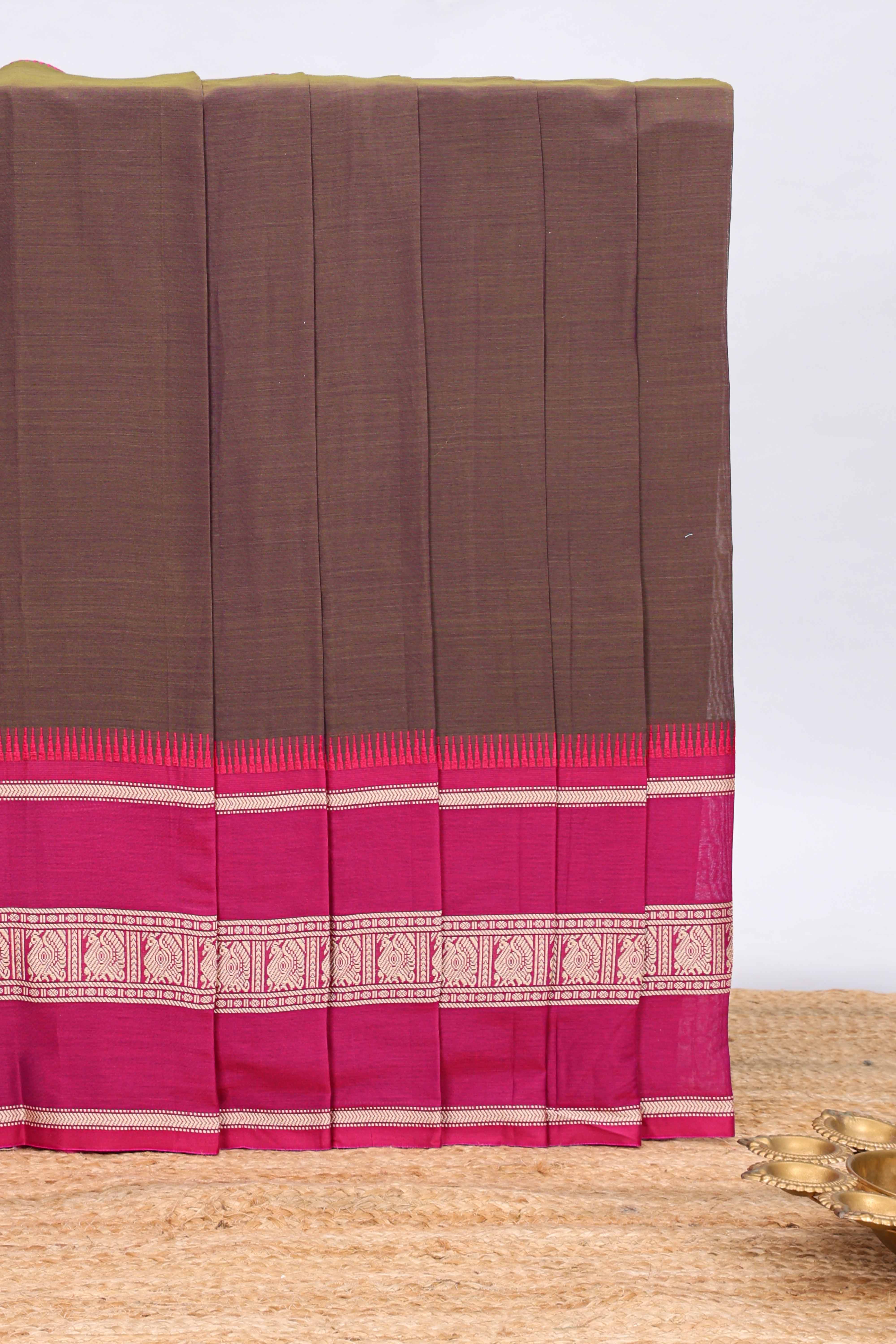 Brown plain narayanapet cotton saree with contrast border and matching blouse