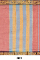 Peach striped narayanapet cotton saree with contrast zari border and matching striped blouse
