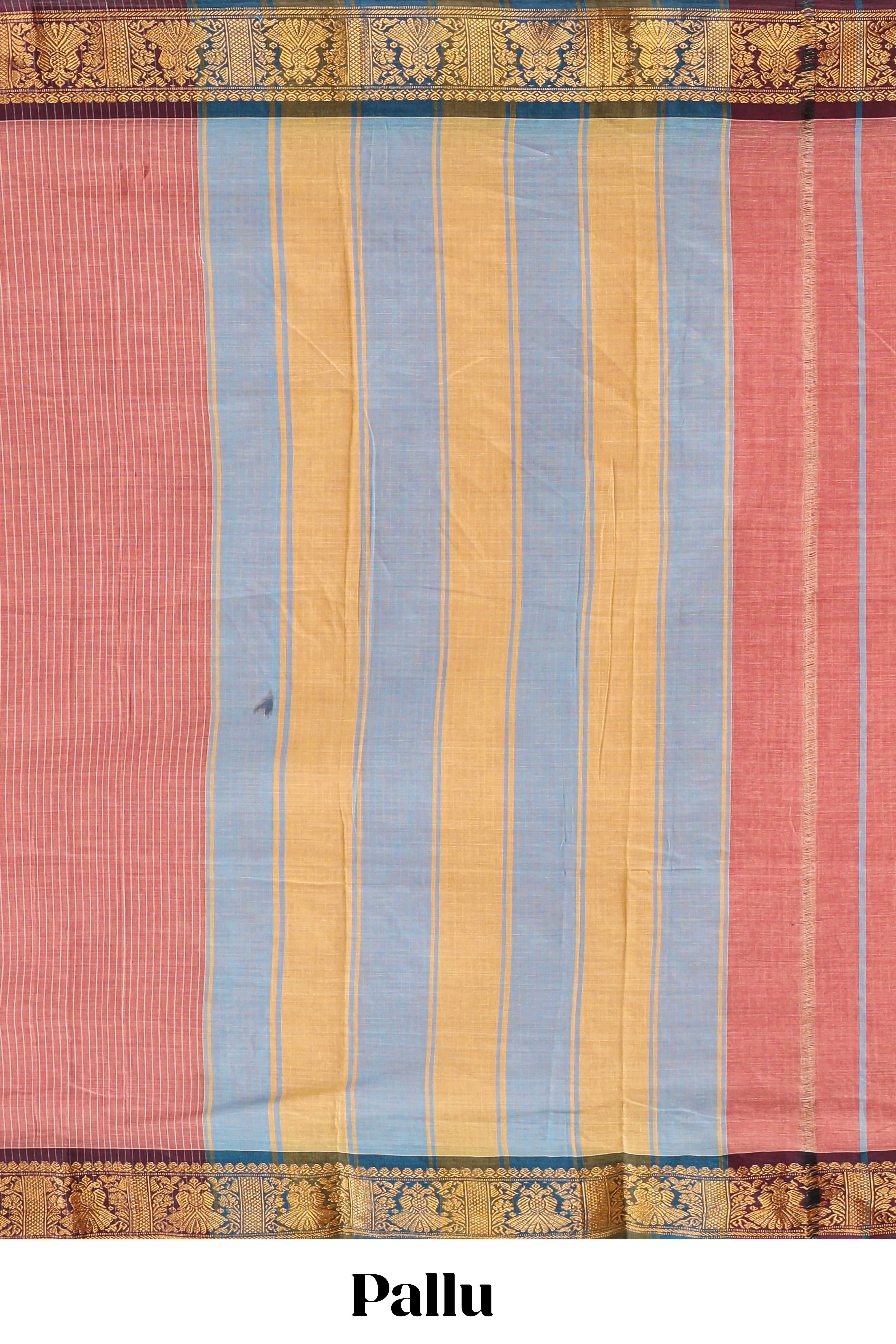Peach striped narayanapet cotton saree with contrast zari border and matching striped blouse