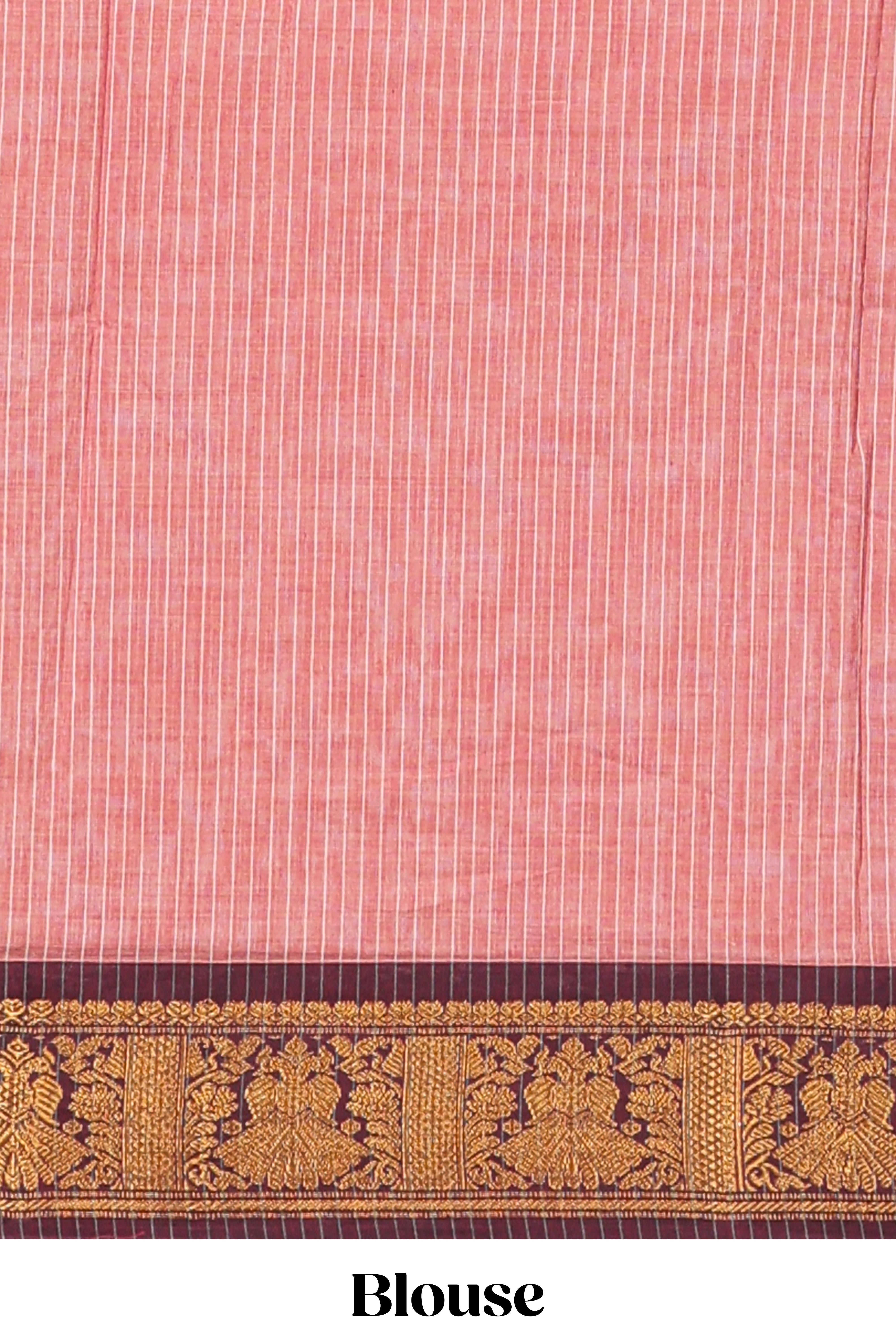 Peach striped narayanapet cotton saree with contrast zari border and matching striped blouse