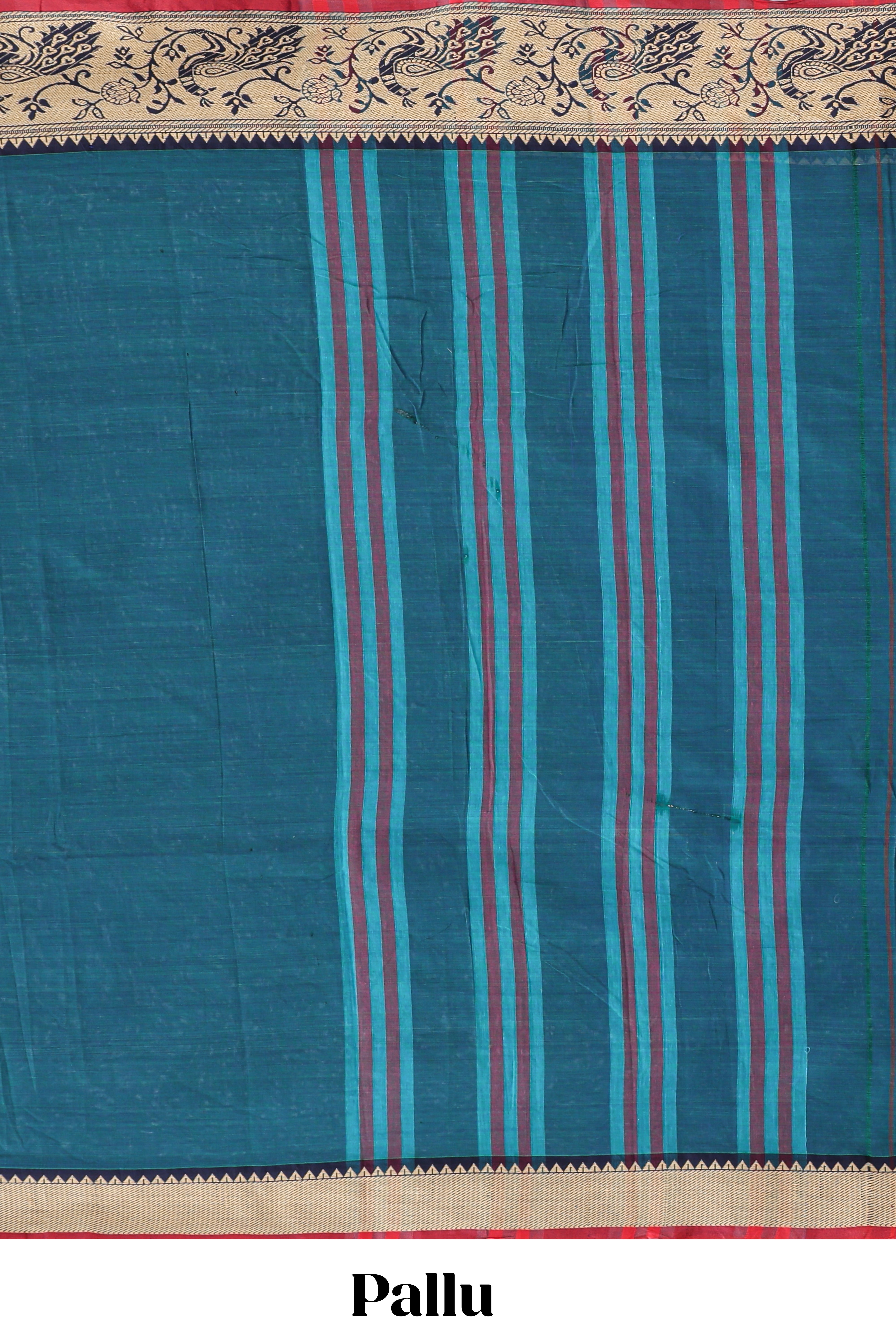 Teal blue plain narayanapet cotton saree with contrast peacock design border and matching blouse