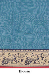 Teal blue plain narayanapet cotton saree with contrast peacock design border and matching blouse