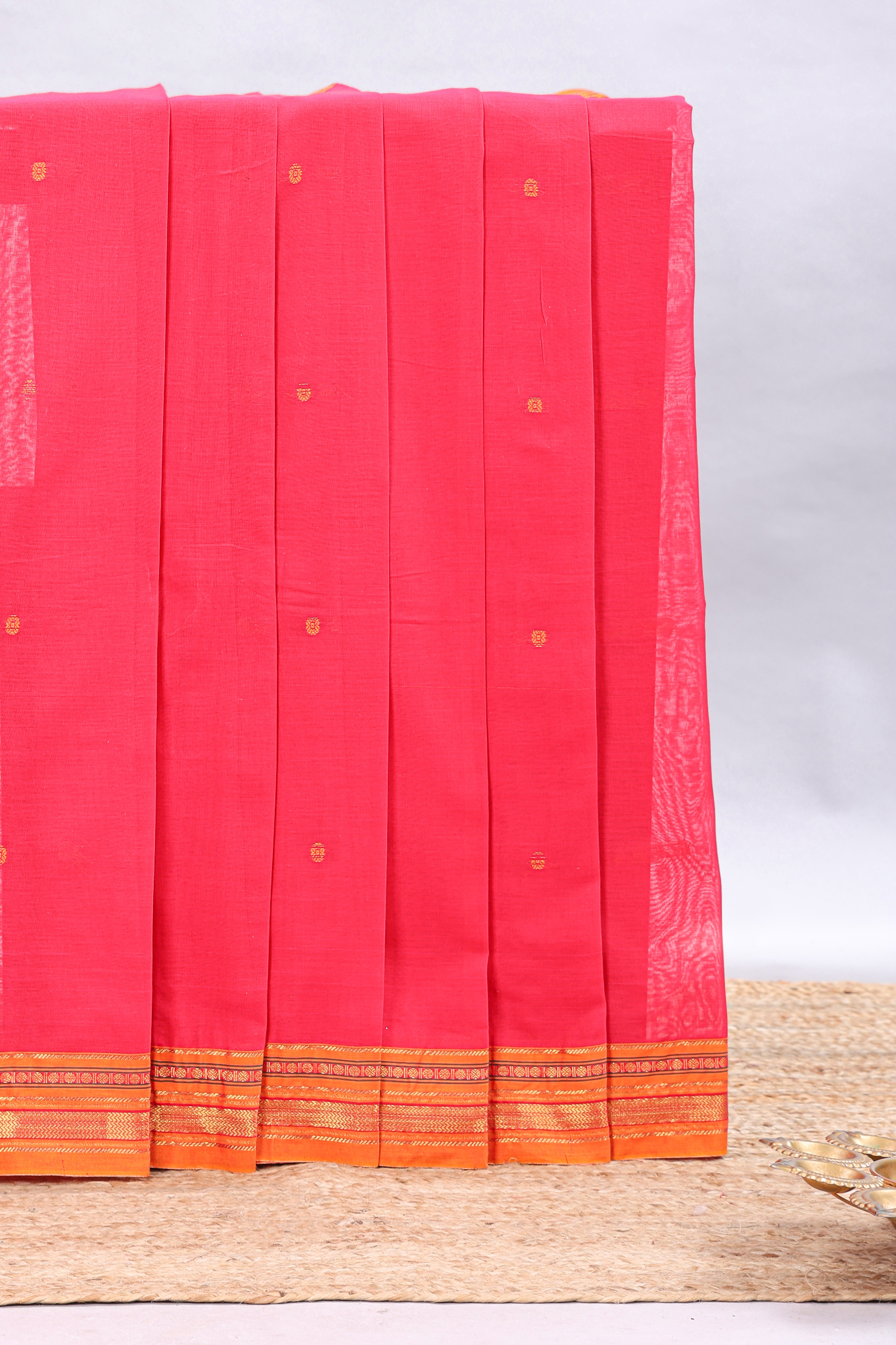 Pink motifs narayanapet cotton saree with contrast zari border and matching blouse