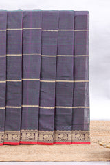Dark grey striped narayanapet cotton saree with contrast border and matching striped blouse