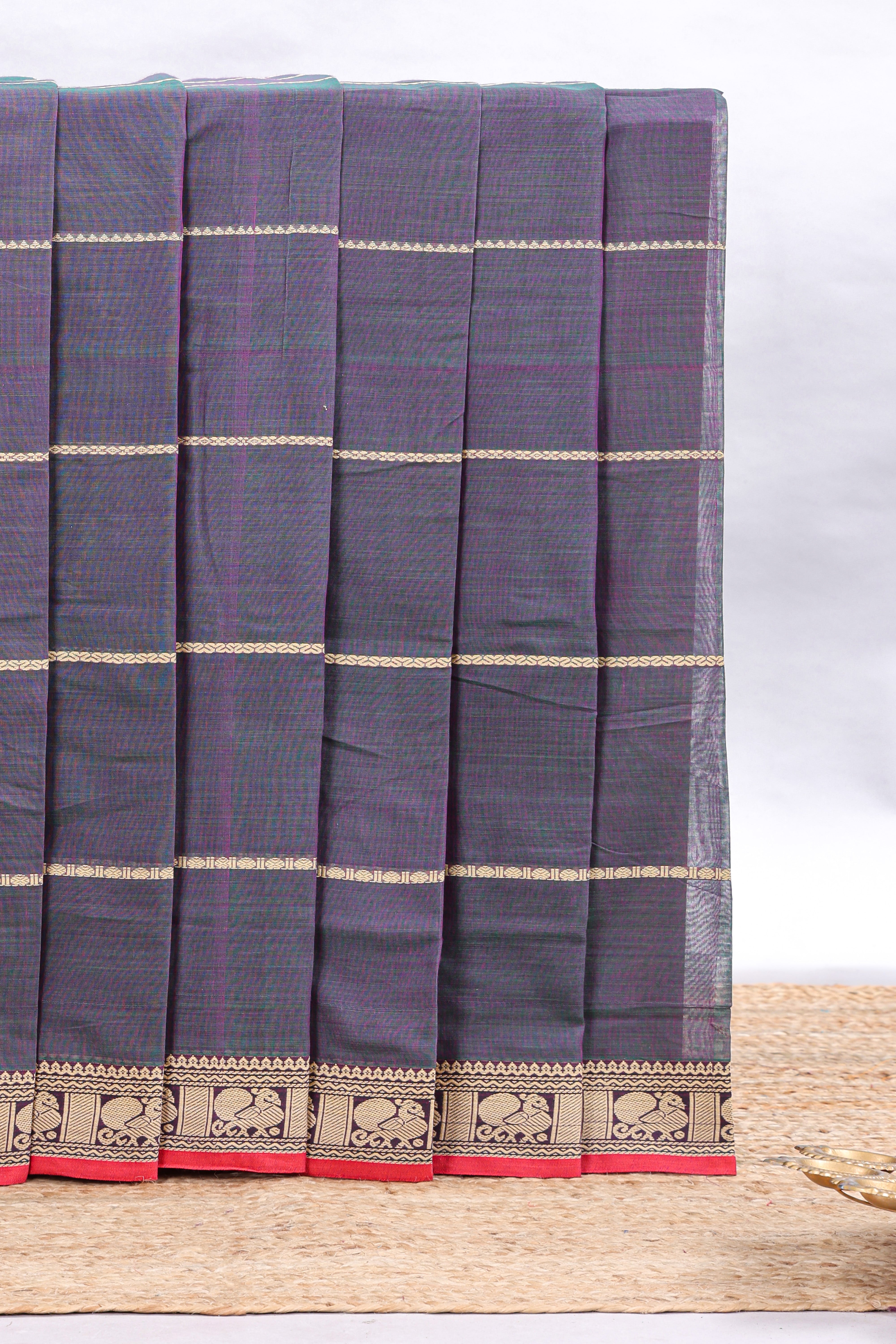 Dark grey striped narayanapet cotton saree with contrast border and matching striped blouse