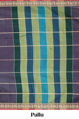 Dark grey striped narayanapet cotton saree with contrast border and matching striped blouse