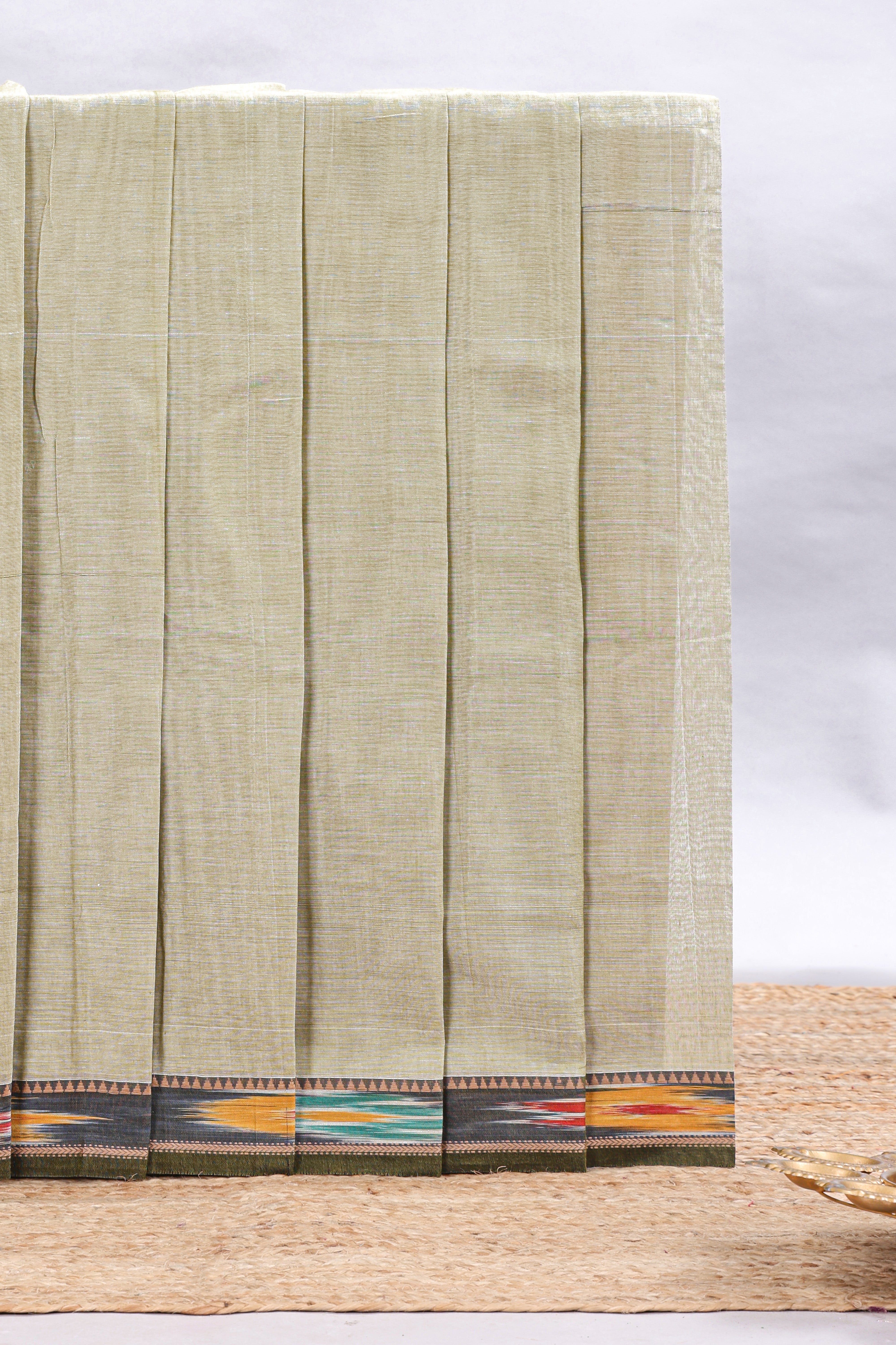 Beige plain narayanapet cotton saree with contrast ikkat style border and matching blouse