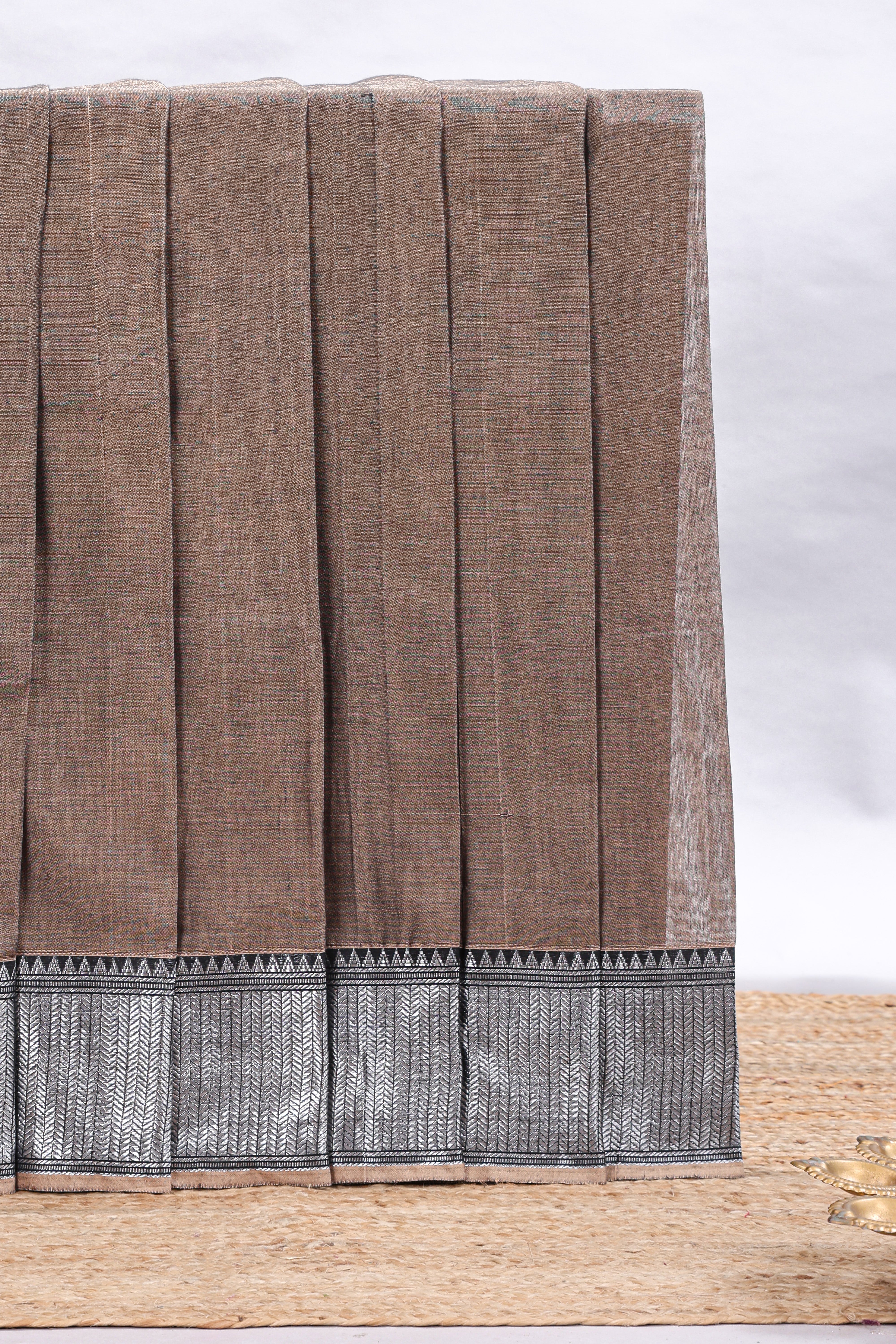 Brown plain narayanapet cotton saree with contrast silver zari border and matching blouse