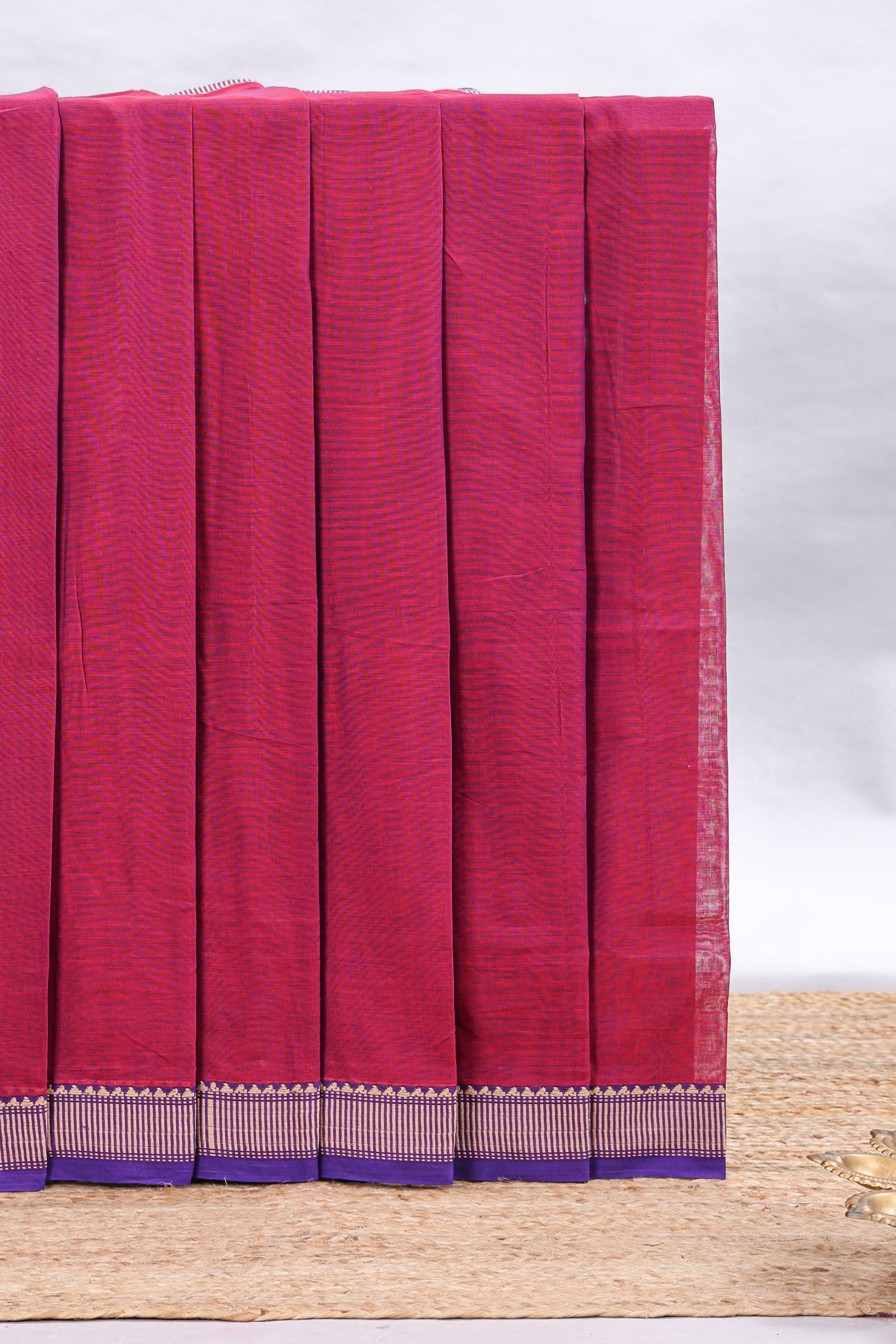 Rani pink plain narayanapet cotton saree with contrast border and matching blouse