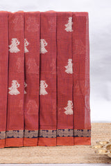 Rust red ethnic dancing doll motifs narayanapet cotton saree with contrast border and matching blouse